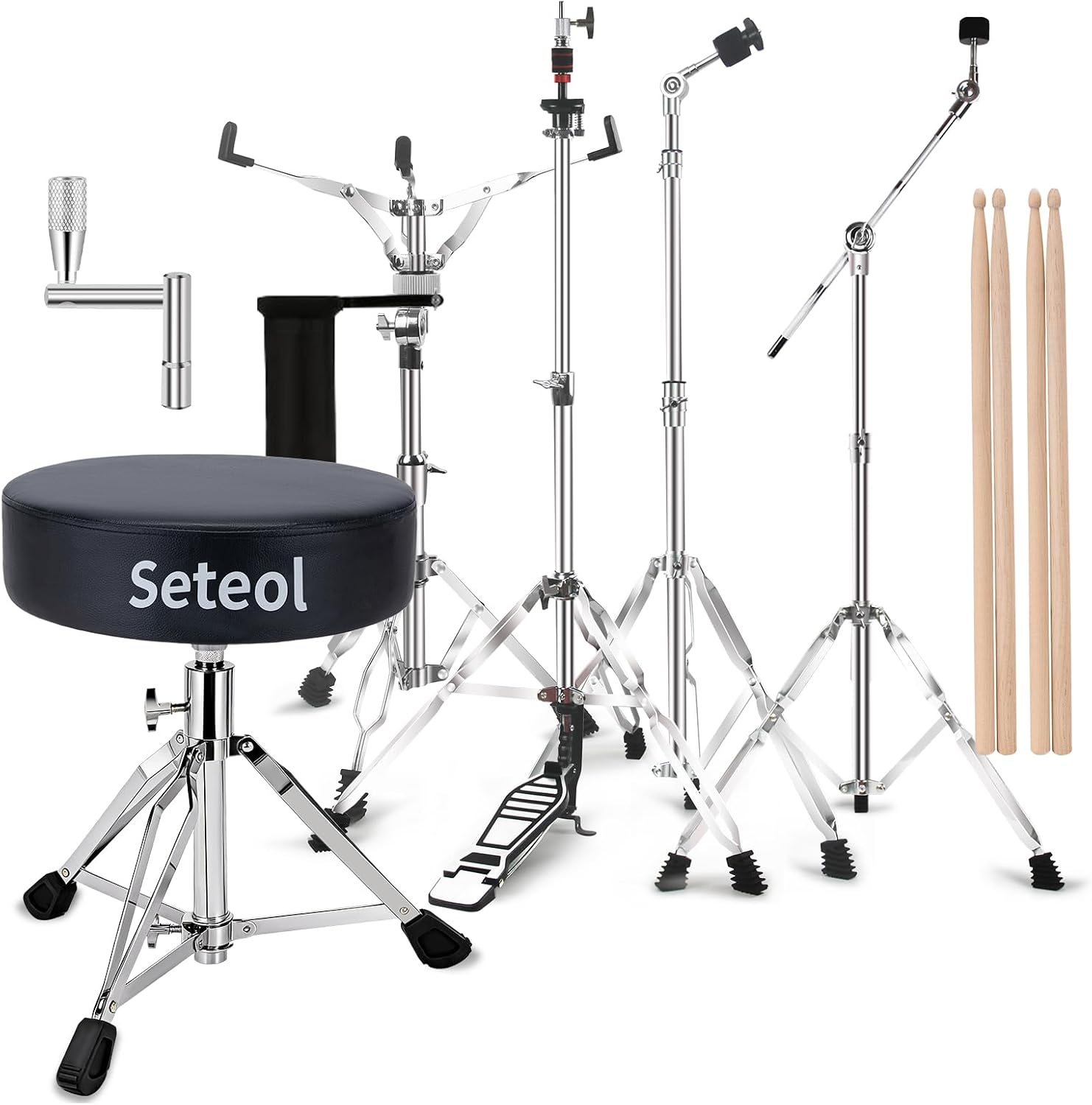 Boom Cymbal Stand + Straight Cymbal Stand + Hi Hat Stand + Snare Drum Stand + Drum Throne + Drum Sticks & Drumsticks Holder, Adjustable Drum Hardware Set for Crash, Ride, Splash Cymbal