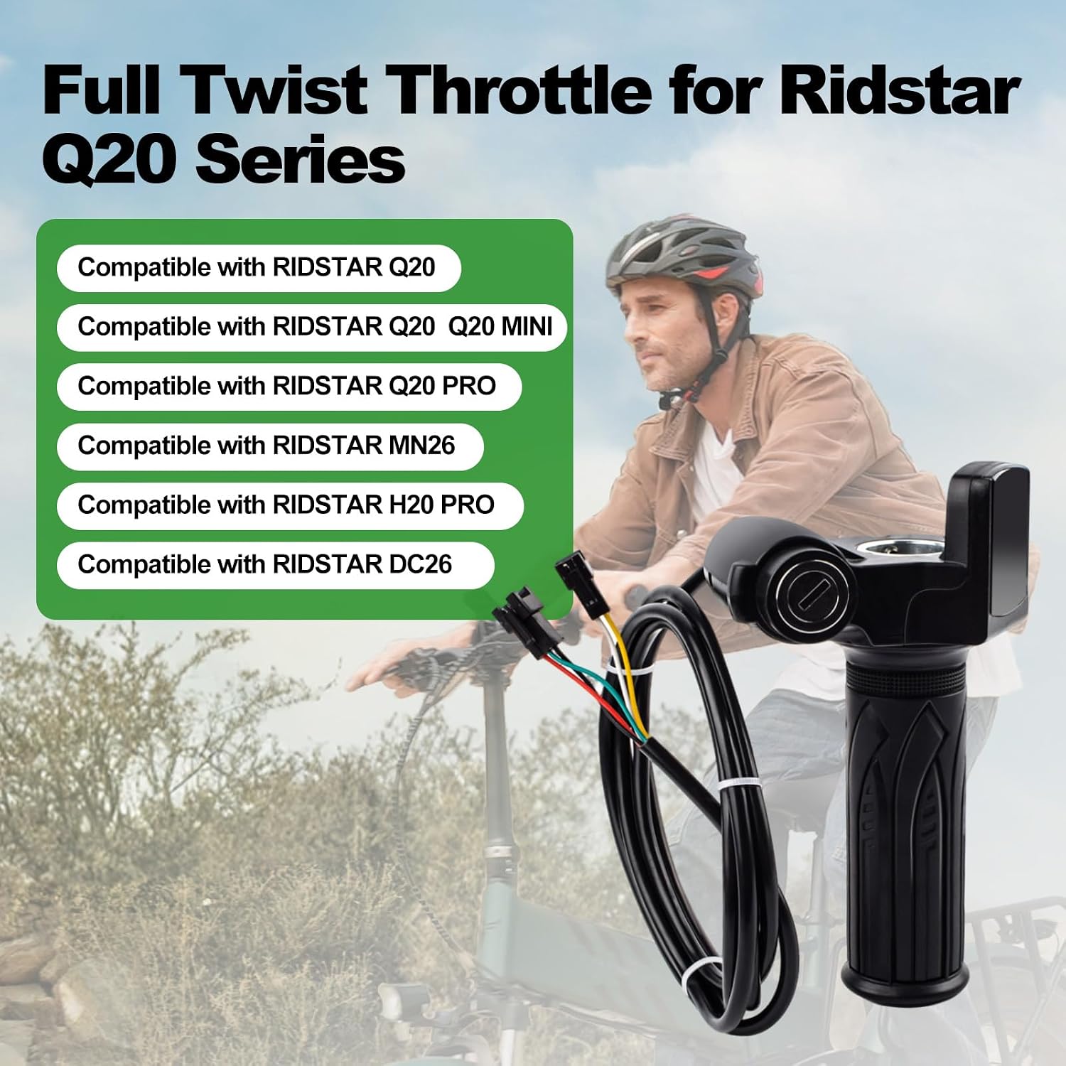 Ebike Full Twist Throttle 48V Compatible with Ridstar Q20/Q20Lite/Q20Pro/H20/H26Pro, LCD Display with Key Lock, 3 Pin Plug and Play Electric Throttle Grip for Motorcycle Scooter