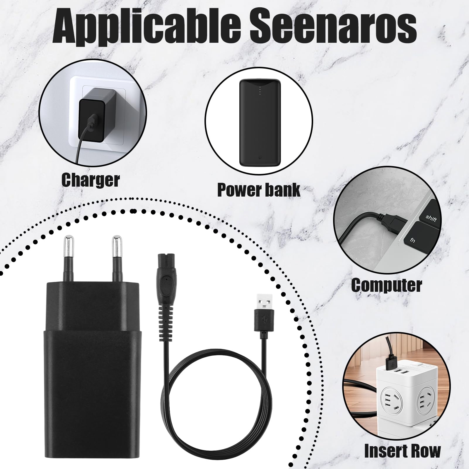 Cavo Di Ricarica USB 5V con Adattatore di Alimentazione, Compatibile con Philips, per Rasoio Accessorio, Coda a Rete a Lisca di Pesce, Filo di Rame Spesso, Cavo Sostitutivo Portatile e Durevole