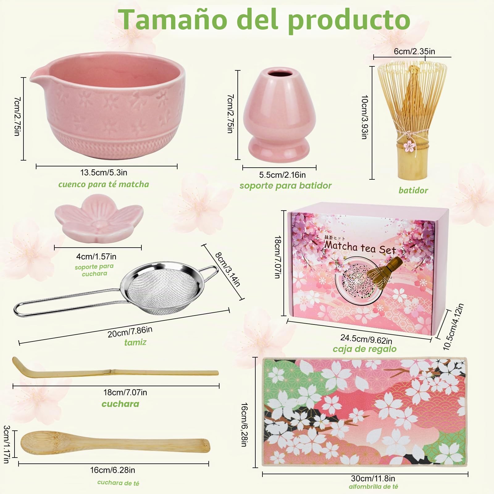 Matcha Kit - 8 piezas Te Matcha Kit Batidora de Matcha de Bambú, Cuenco de Matcha, Cuchara, Colador, Portacucharas, Soporte para la Batidora, para el Hogar, la Oficina y los Salones（Rosa）