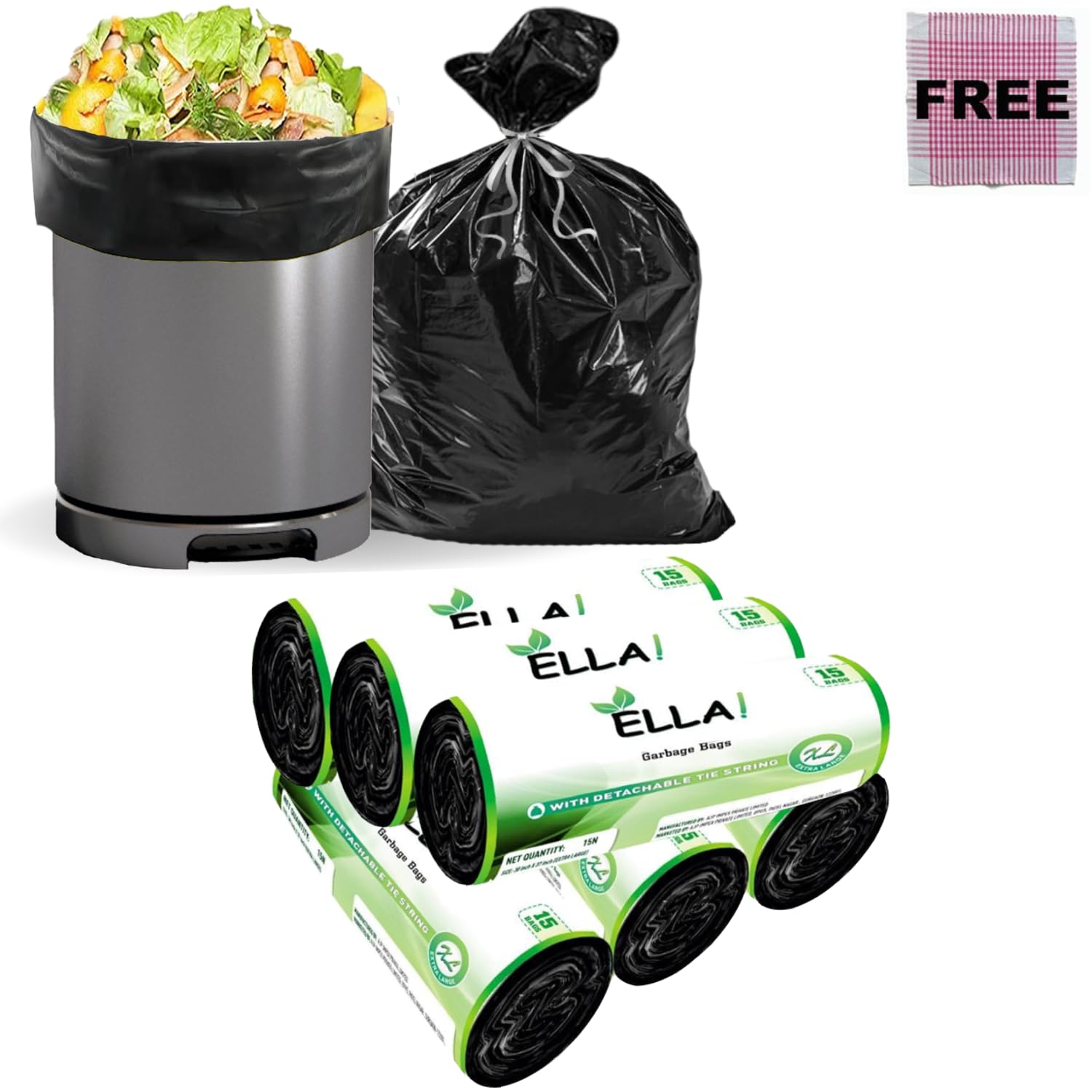 Ella Garbage Bags 30x37 Inches (Extra Large) 60 Bags 6 Rolls | Leak Proof & Tear Resistant Trash Bag for Kitchen & Commercial Use | Dustbin Bags For Dry & Wet Waste With Free Check Duster Cloth -Black