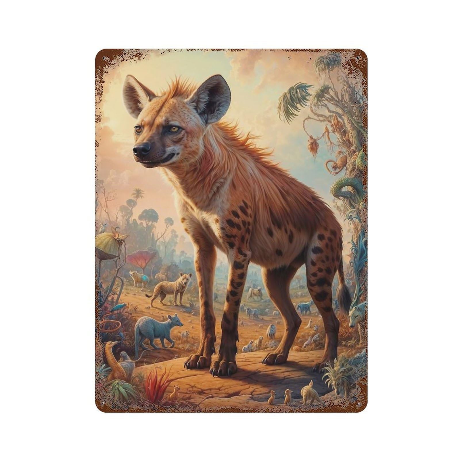 Hyena in Surreal Fantasy Distressed Metal Wall Sign 15.7"x11.8", Ideal for Garage, Bar And Workshop Decor