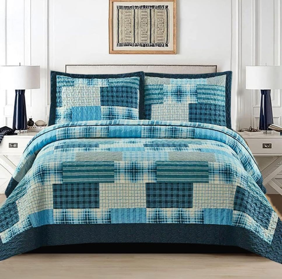 3 PCS Patchwork Bedspread Quilted Bed Throw Single Double King Size Bedding Set (Check Denim Blue, Single) โ image 1