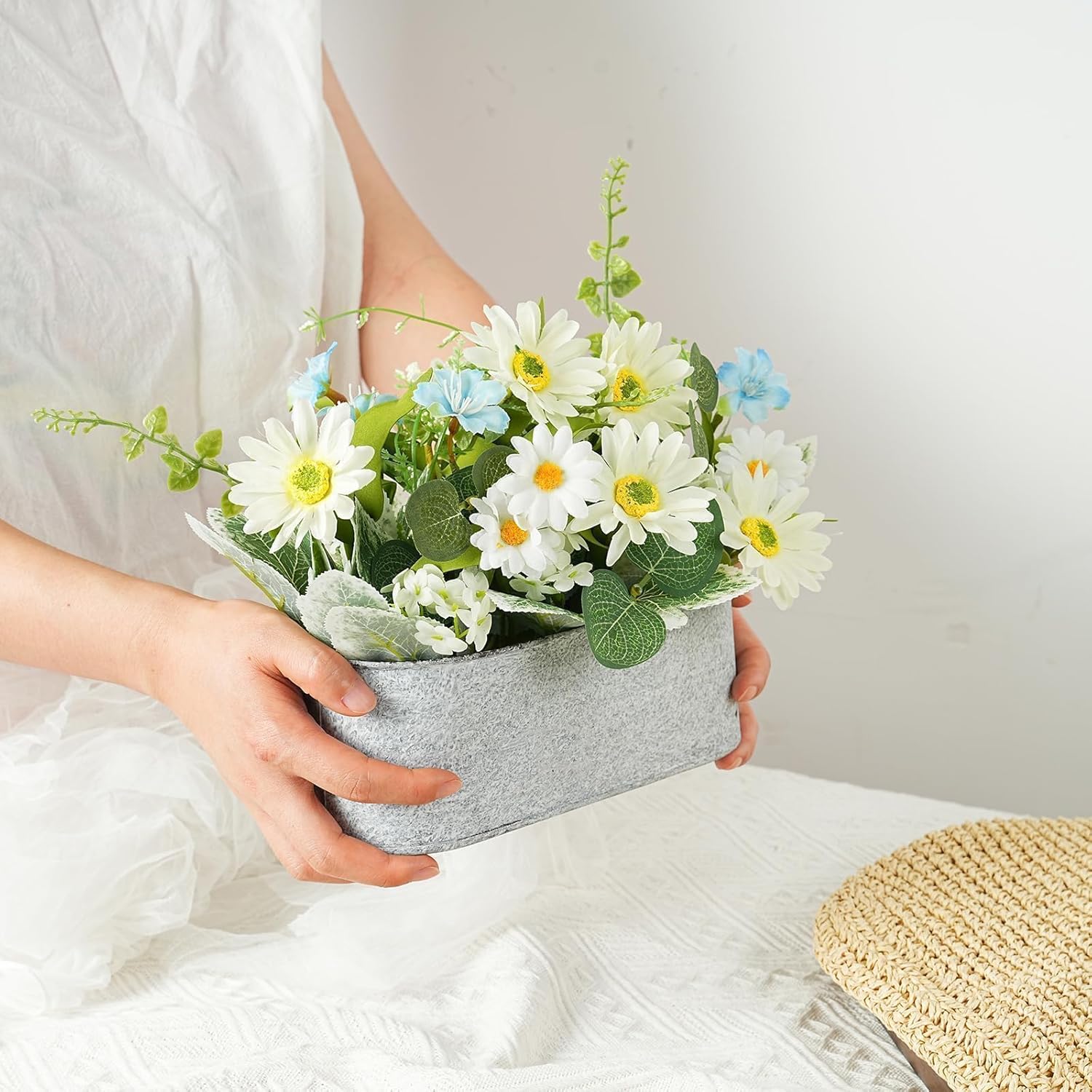 Floral Centerpieces for Tables, 12 Inch Small Artificial Flowers in Metal Pot with White Daisy Arrangement, Farmhouse Fake Potted Faux Plant for Spring Summer All Season Indoor Outdoor Decor - Image 3