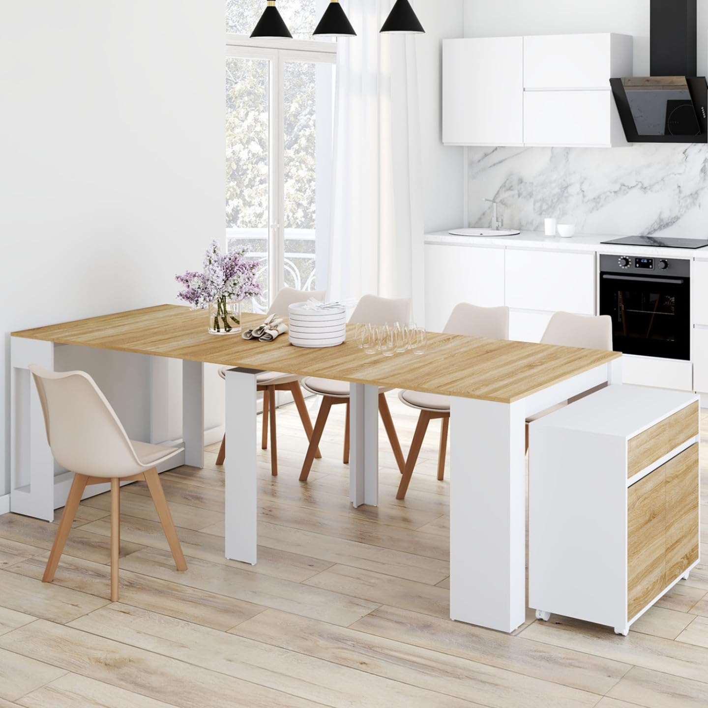 IDMarket - Table Buffet Extensible Orlando 10 Personnes 235 cm Bois Blanc et façon hêtre