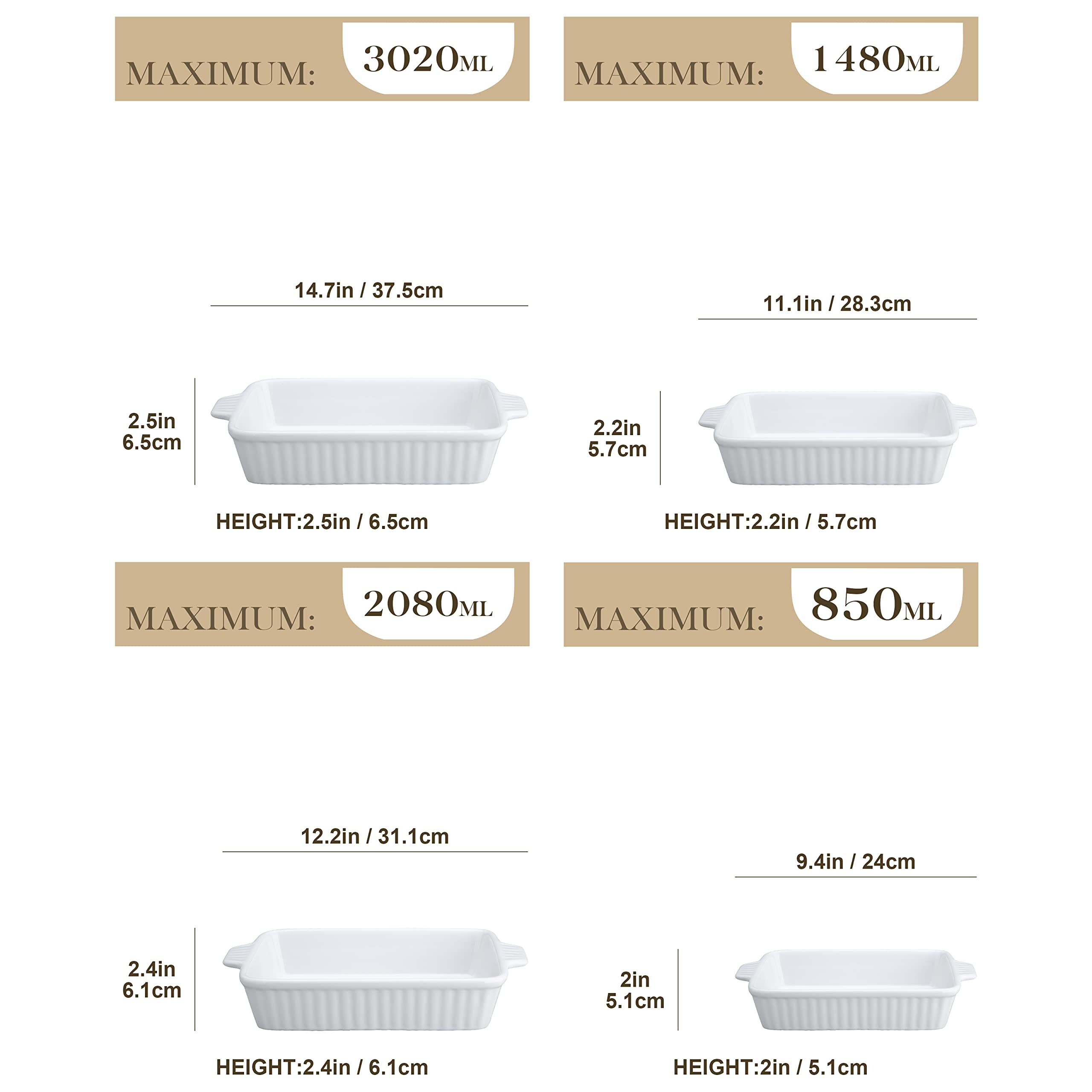 MALACASA Série BAKE, Lot de 4 Plats à Four en Céramique Blanc, 3020ml, 2080ml, 1480ml, 850ml, Plats à Gratin avec Poignées, Passe au Lave-vaisselle, Idéaux pour Cuisson et Gratin