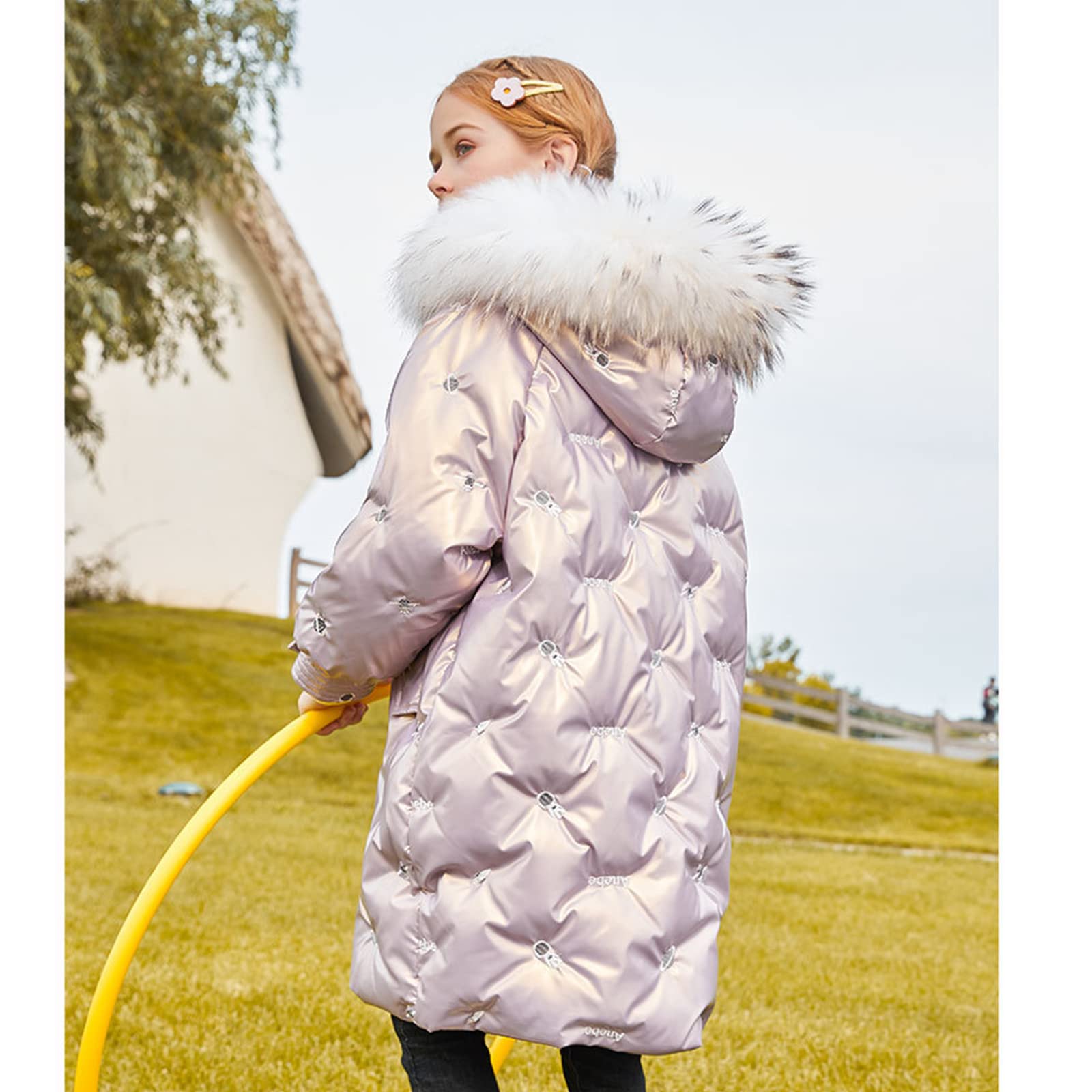 Piumino D'Anatra Bianca con Cappuccio Invernale per Bambini di Media Lunghezza Giacca Calda da Bambina Modello Spaziale Dolce Ed Elegante Grande Pelliccia Lucida,Pink,7T(130CM)