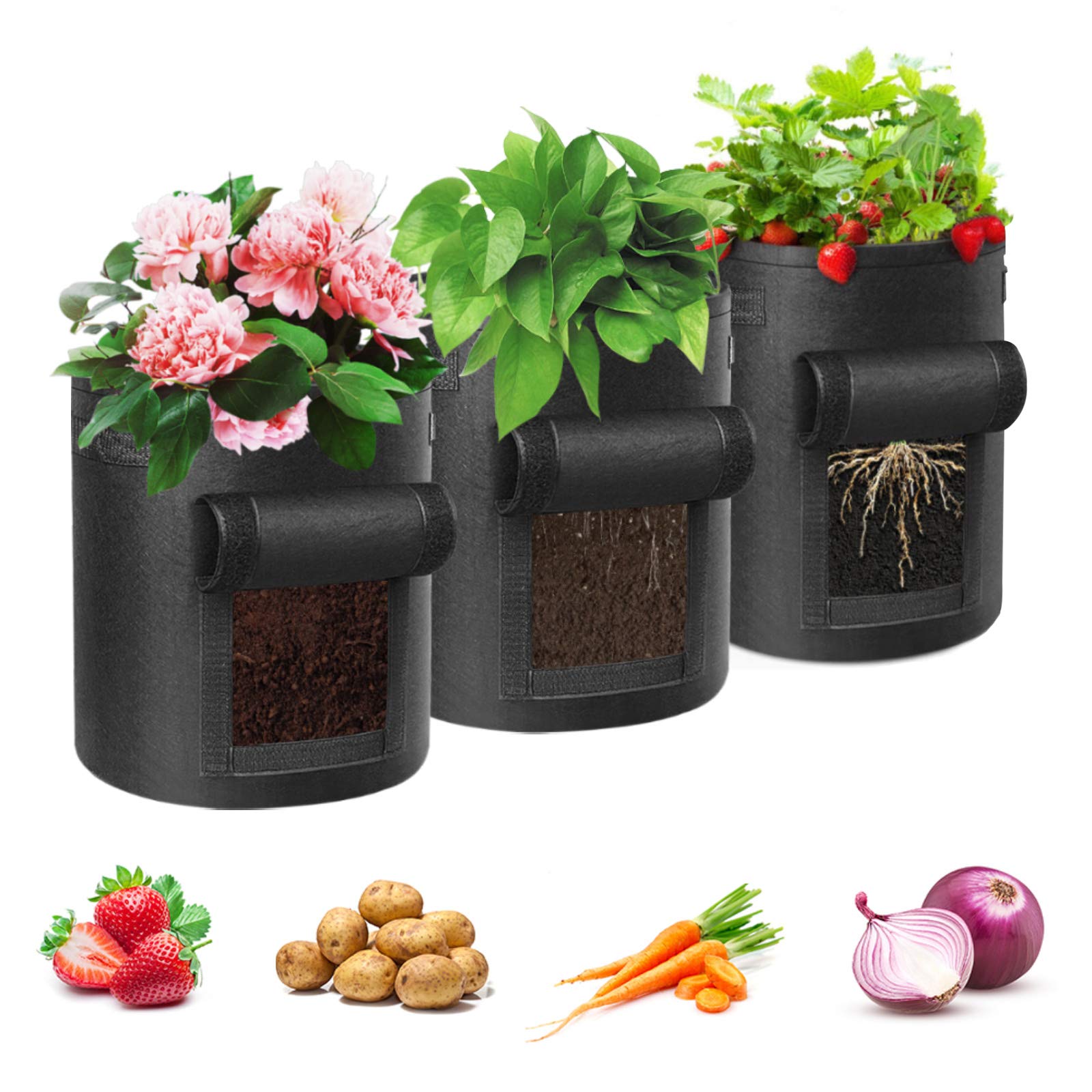 Bolsas de cultivo de patatas – Bolsas de cultivo de plantas vegetales de 10 galones con asas de correa, paquete de 5 para tomates y otras verduras