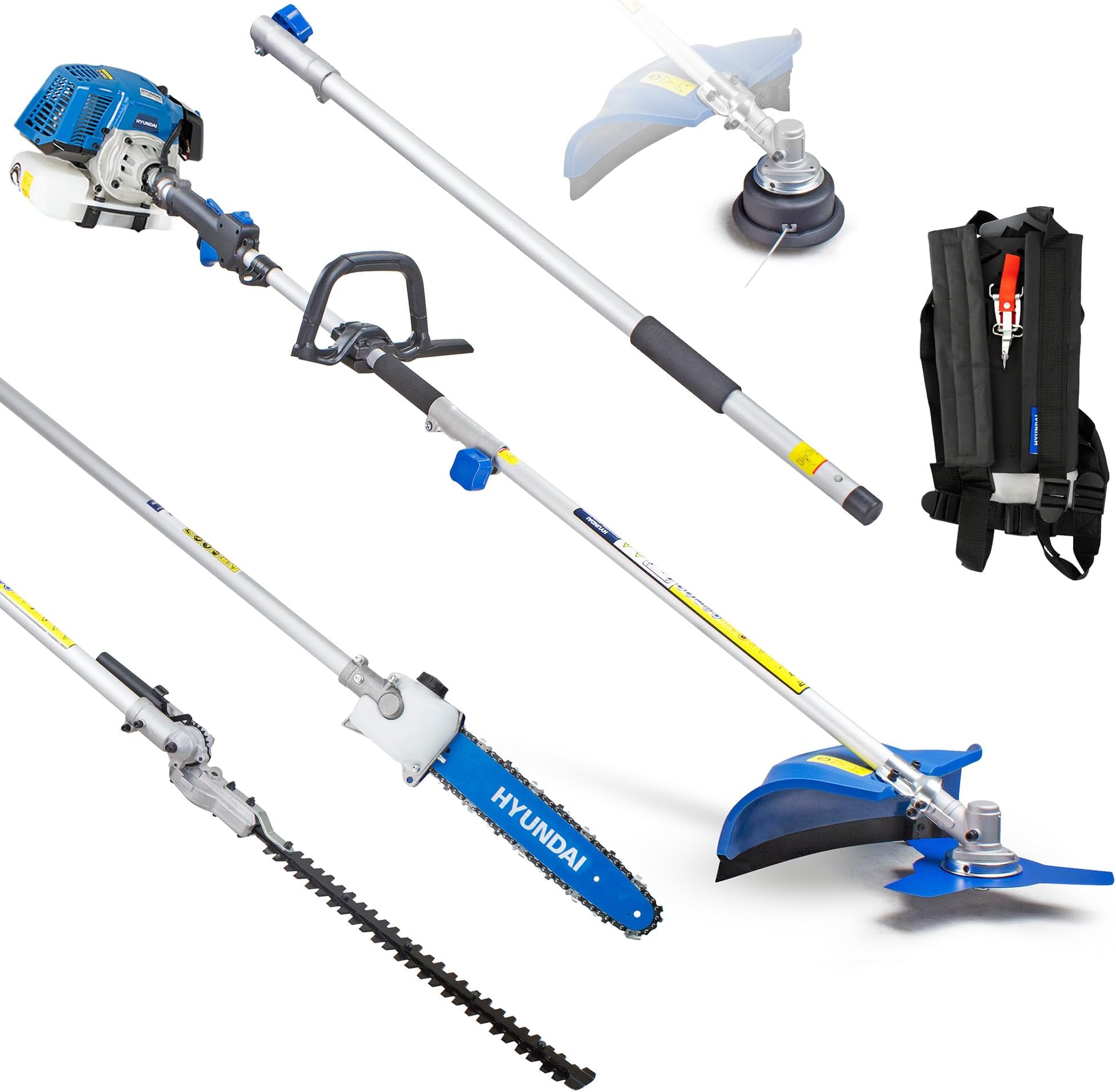 Hyundai 52cc Long Reach 5-in-1 Petrol Garden Multi Tool with 430mm Grass Trimmer, 425mm Hedge Trimmer, 10" Pole Chainsaw, Brushcutter with 800mm extension shaft