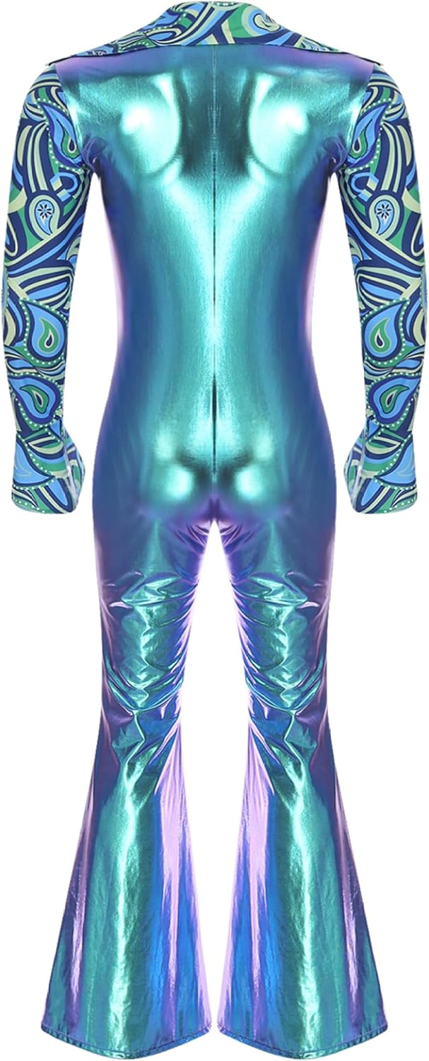 Mens 70s Hippie Disco Costume Shiny Metallic Romper Bodysuit Jumpsuit Movie Star Jazz Costume
