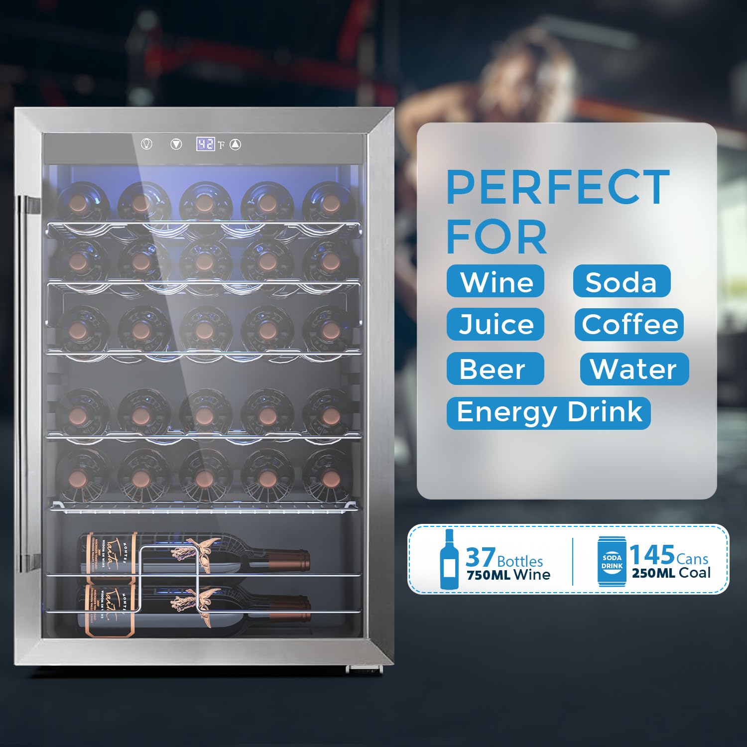 COWSAR 37 Bottle Wine Fridge, 4.45 Cu.Ft Freestanding Commercial Beverage Refrigerator with Reversible Double Pane Glass Door & Adjustable Wavy Wire Shelves, Wine Cooler for Kitchen Bar, Silver on Fridge.com