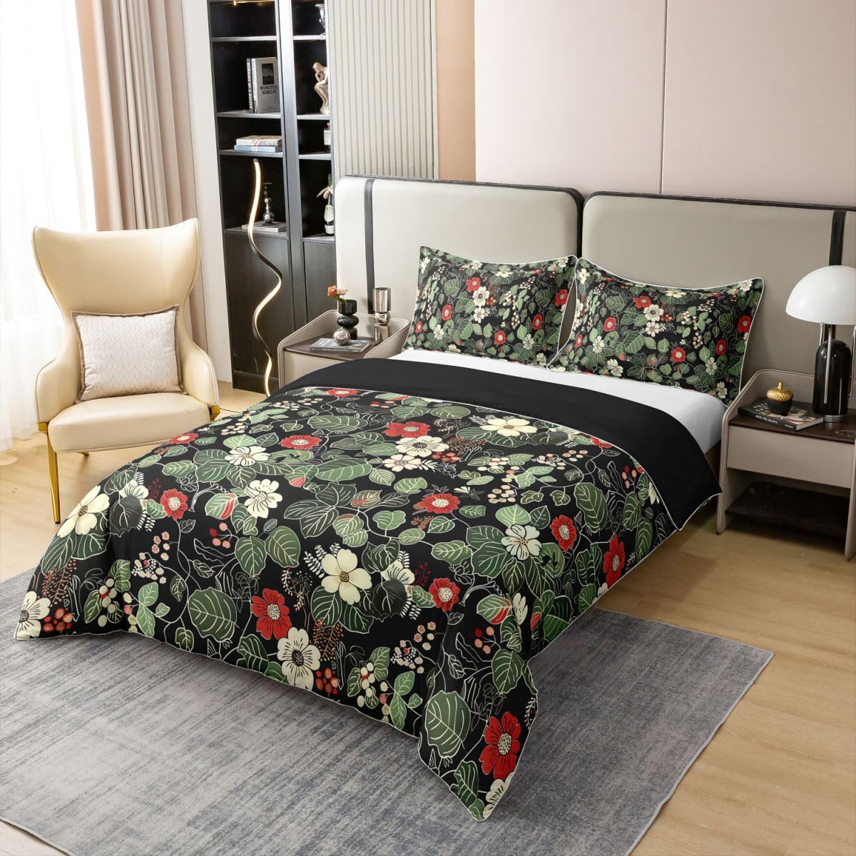 Homewish Set di biancheria da letto con copripiumino matrimoniale in cotone naturale con fiori verdi e neri, romantico, per ragazze e donne, adulti, caldo e morbido