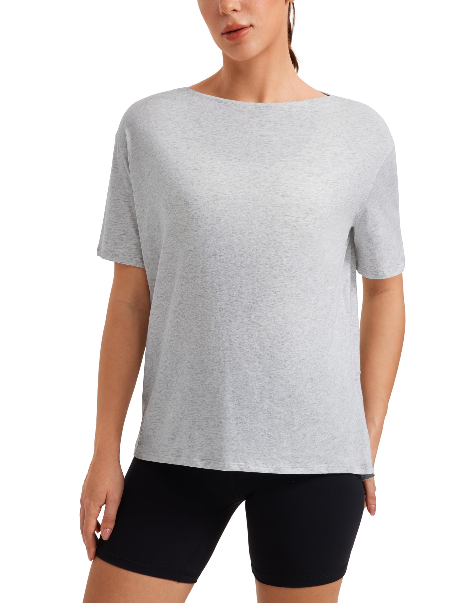 Crz Yoga Women's Light Grey Heather Pima Cotton Short Sleeve Shirt Loose Workout T-Shirt Athletic Casual Top 14
