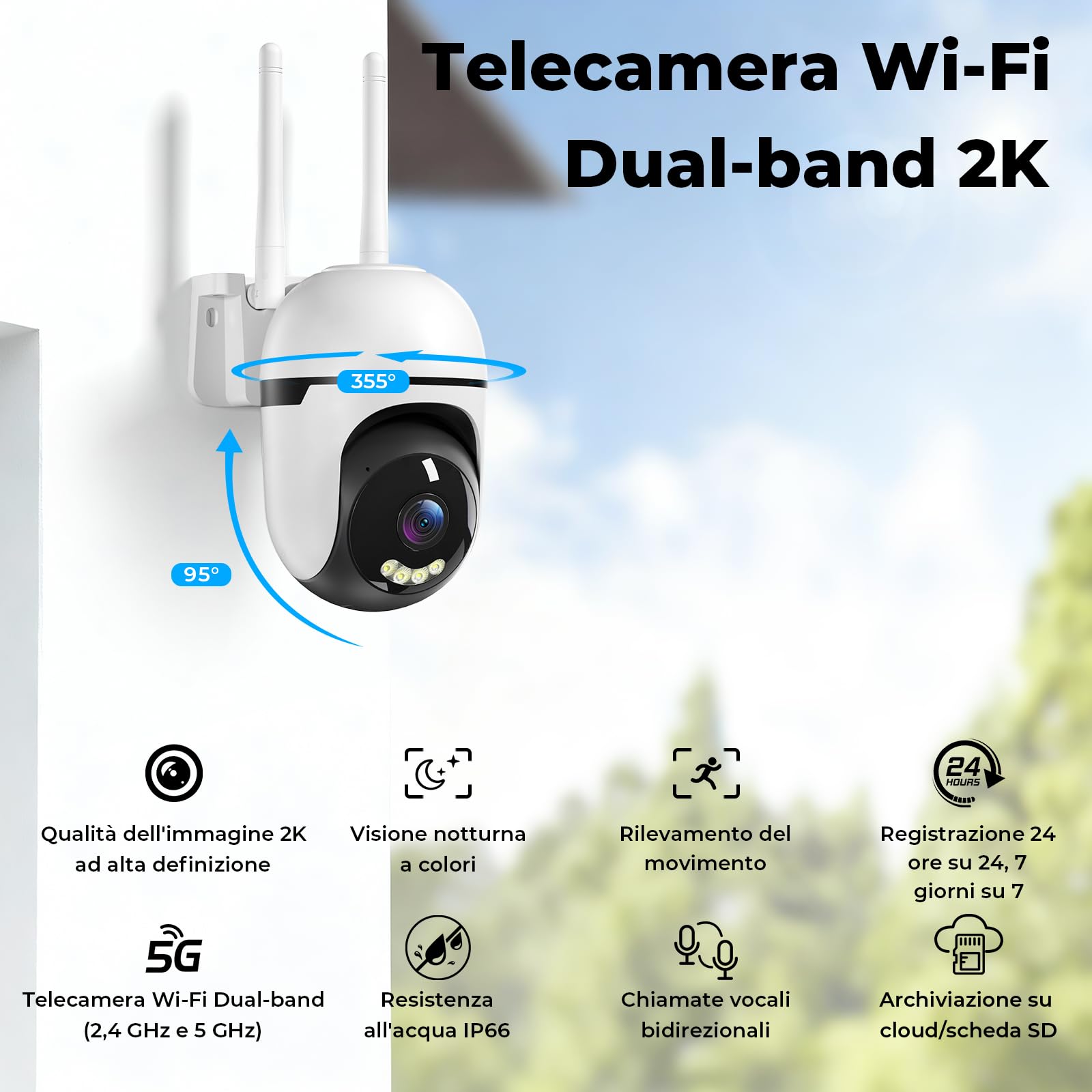 WESECUU - Cámara de vigilancia WiFi exterior, seguimiento automático de 360°, cámara IP compatible con 2.4Ghz/5Ghz, visión nocturna color, detección humana, audio bidireccional, grabación 24H