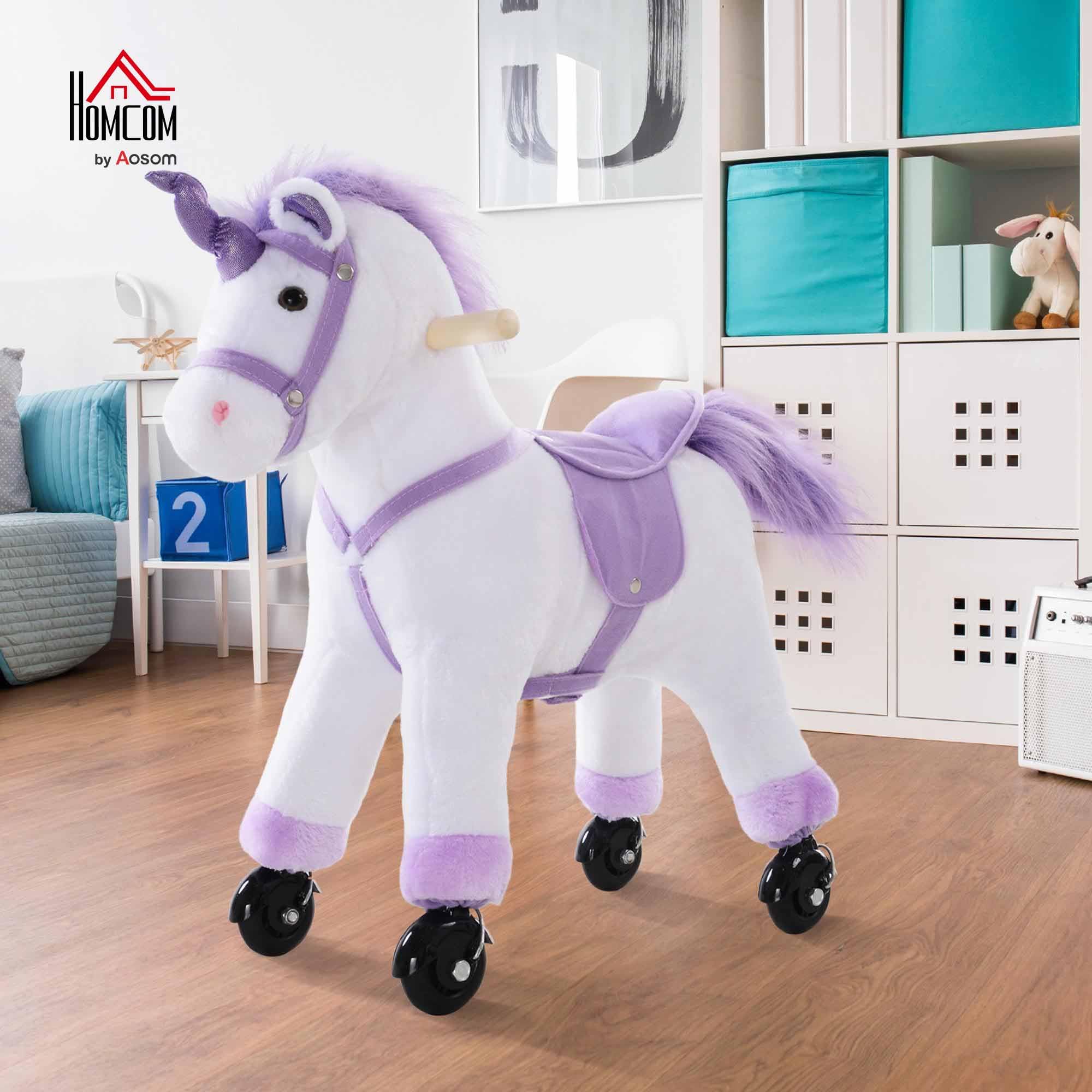 HOMCOM Reitpferd auf Rollen 60 cm Stehpferd mit Sattel, Sound Spielpferd zum Reiten Draufsitzen Schaukeltier Plüsch Pferd für Kinder ab 3 Jahre, Schaukelpferd Indoor Outdoor Lila