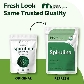 Micro Ingredients Organic Spirulina Powder, 2lb | Blue-Green Algae, Rich in Vegan Protein, Vitamins & Minerals | Source of Natural Chlorophyll & Enzymes | Non-GMO, Gluten-Free, No Additives