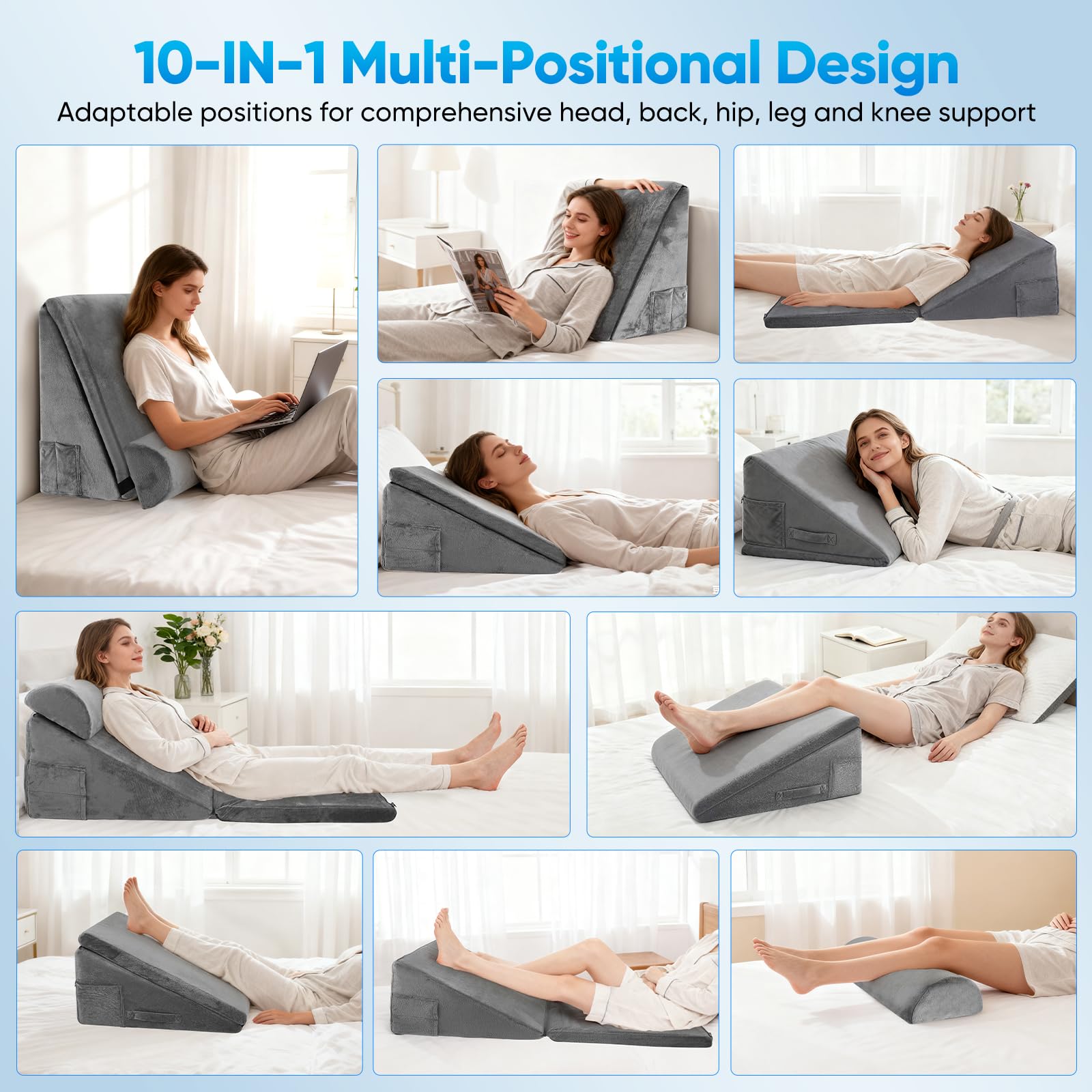 Cuscino inclinato per letto, cuscino tTriangolare in Memory di forma per apnea del sonno, cuscino da lettura per apnea del sonno, reflusso acido, elevazione delle gambe, grigio