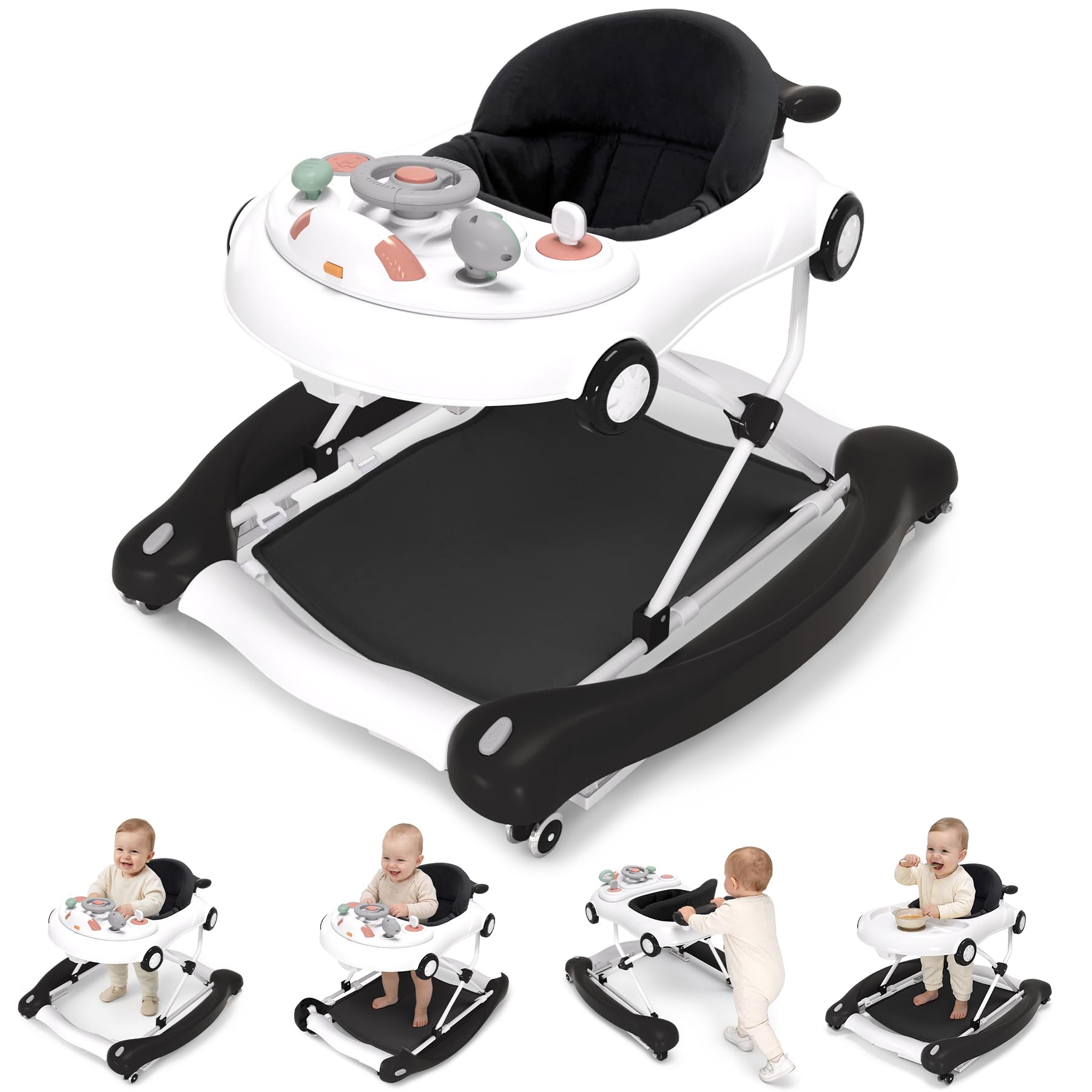 5-in-1 Convertible Baby Walker with Steering Wheel Music Activity Center – Infant Rocker, Jumper, Push Walker, Bouncer & Feeding Foldable Walker for Ages 6-18 Months Boys Girls (Black)