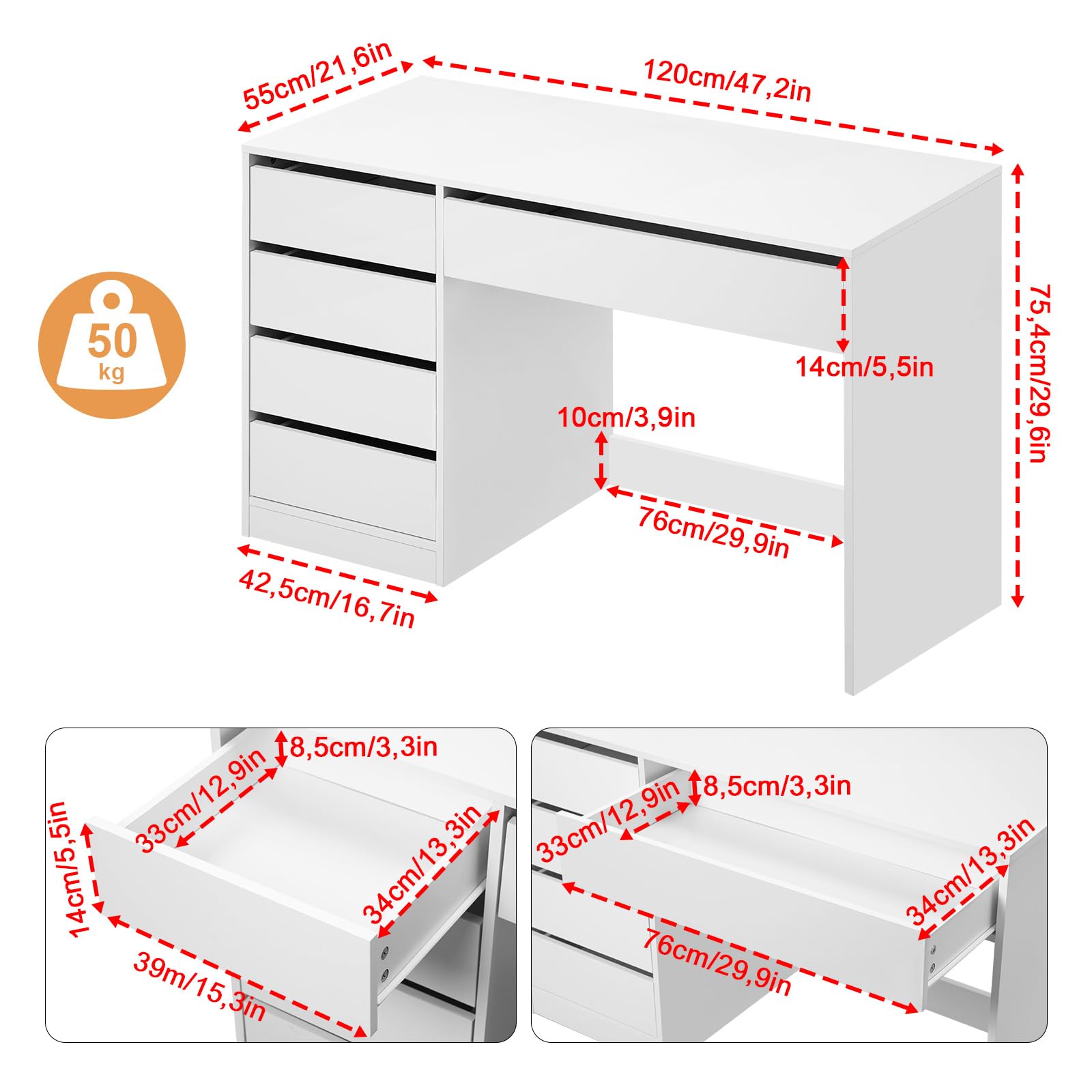 eSituro Bureau d'Ordinateur avec 5 Tiroirs, en MDF de Haute Qualité, Table Informatique avec Rangement, pour Chambre, Studio et Bureau, 120x55x75 cm, Design Nordique, Blanc