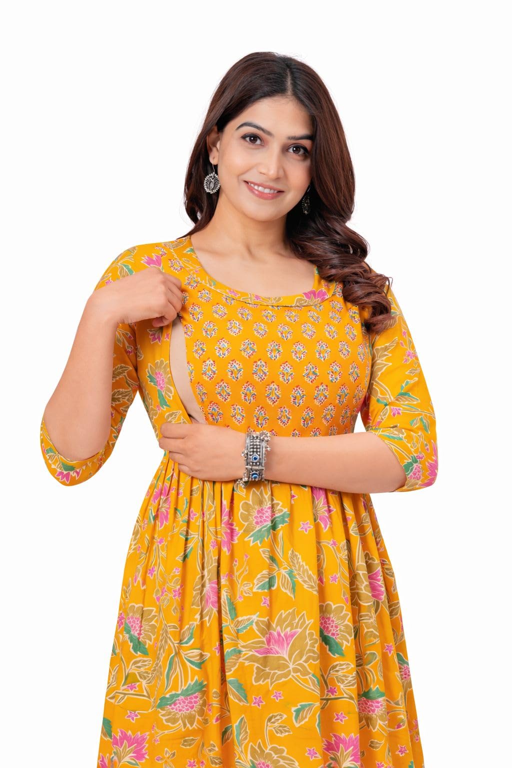 The Moon Star Women's Cotton Floral Printed Anarkali Maternity Feeding Kurti | Breastfeeding Dress for Mothers | Zipper Feeding Kurti, Nursing Kurti, Comfortable and Trendy Maternity Wear Mustard-picture-43