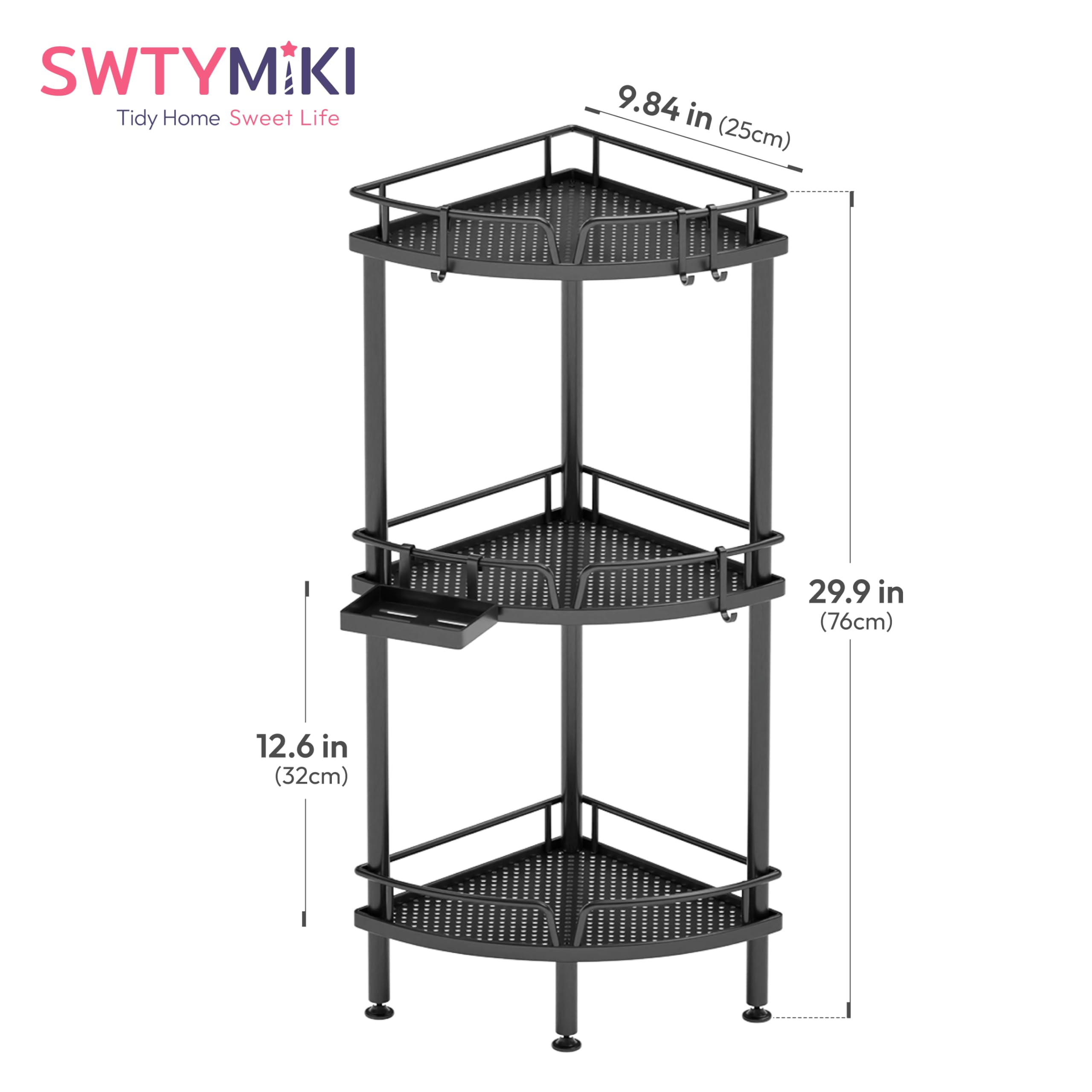 SWTYMIKI Duschablage ohne Bohren Ecke - 3 Stück Duschregal Stehend | Duschablage Freistehend Badezimmer Organizer mit Seifenablage & 4 Haken, Duschregal Ohne Bohren für Shampoo und Duschgel
