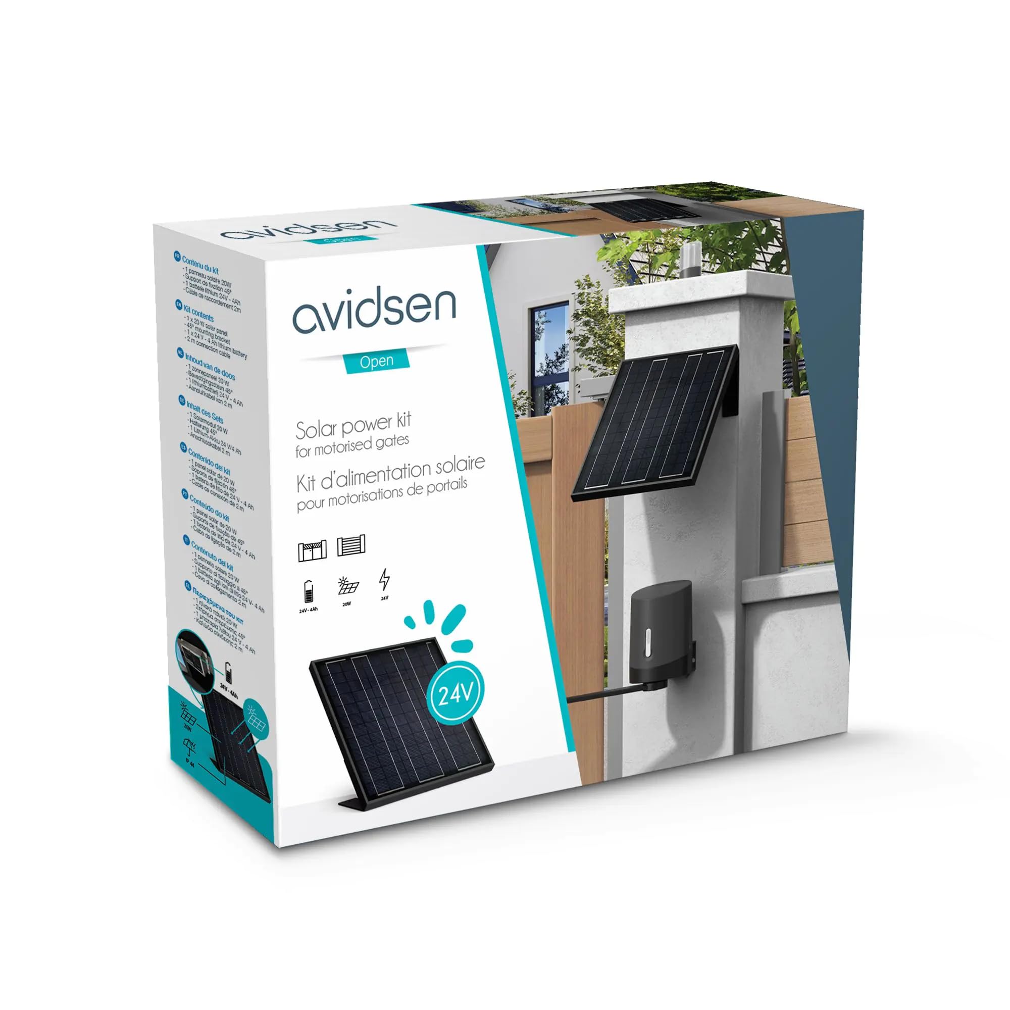Kit Solar Avidsen para Motor de Puerta con Batería de Litio Integrada | Panel monocristalino de 20 W, batería de litio 24 V/6 Ah, IP44, 10 ciclos diarios, cable de 2 m y soporte de 45°.