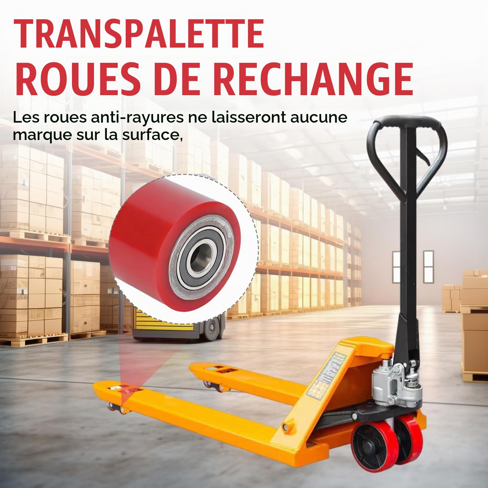 Lot de 4 roulettes de chariot élévateur en polyuréthane 80 x 70 mm - Arbre 20 mm - Roulement à billes inclus - Rouleau de chariot élévateur - Roue de roulement - Rouleau de rechange - Charge maximale