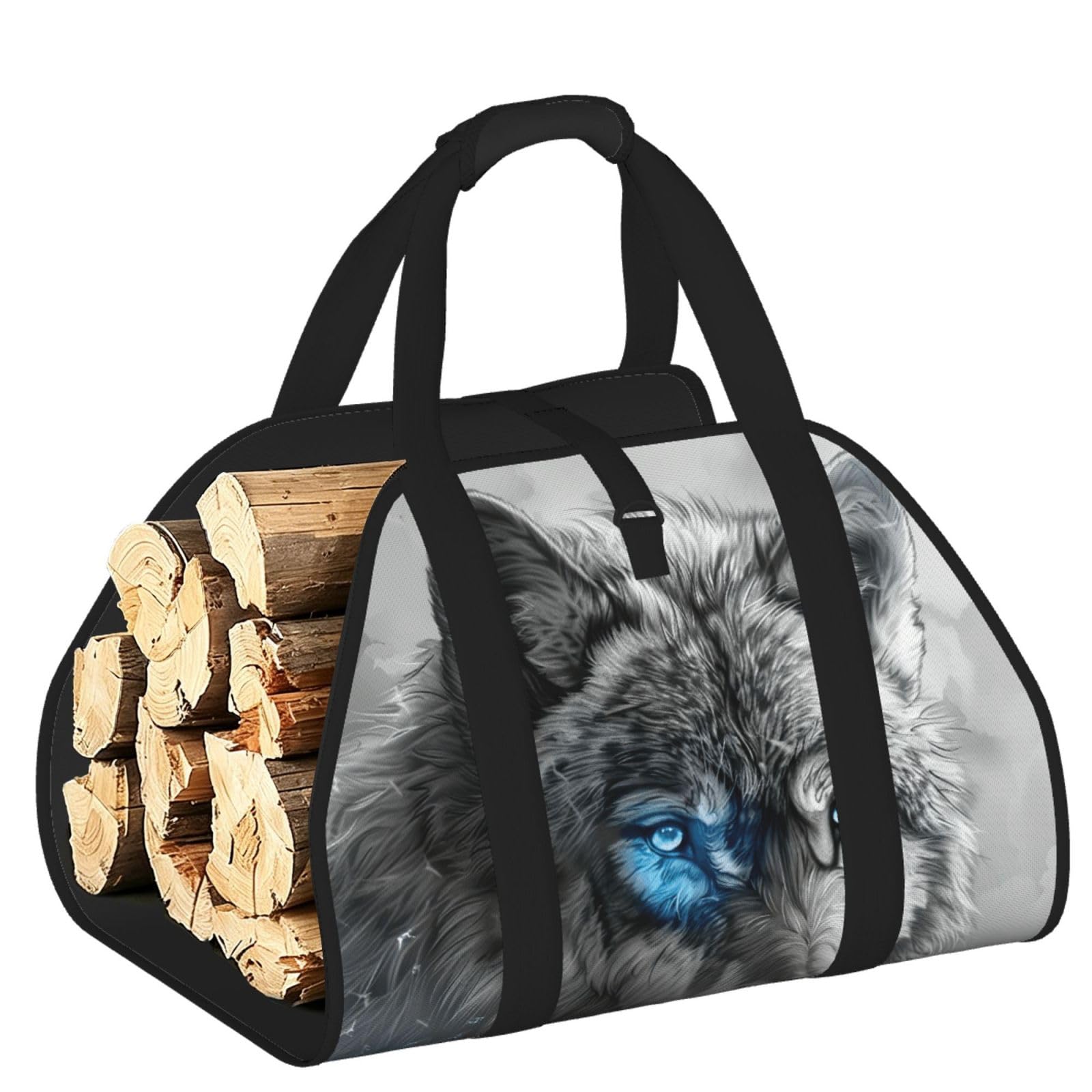 Blue Eyes Wolf Printed Firewood Carrier Bag, Log Tote with Open-Ended Design for Camping Outdoor Wood Hauling