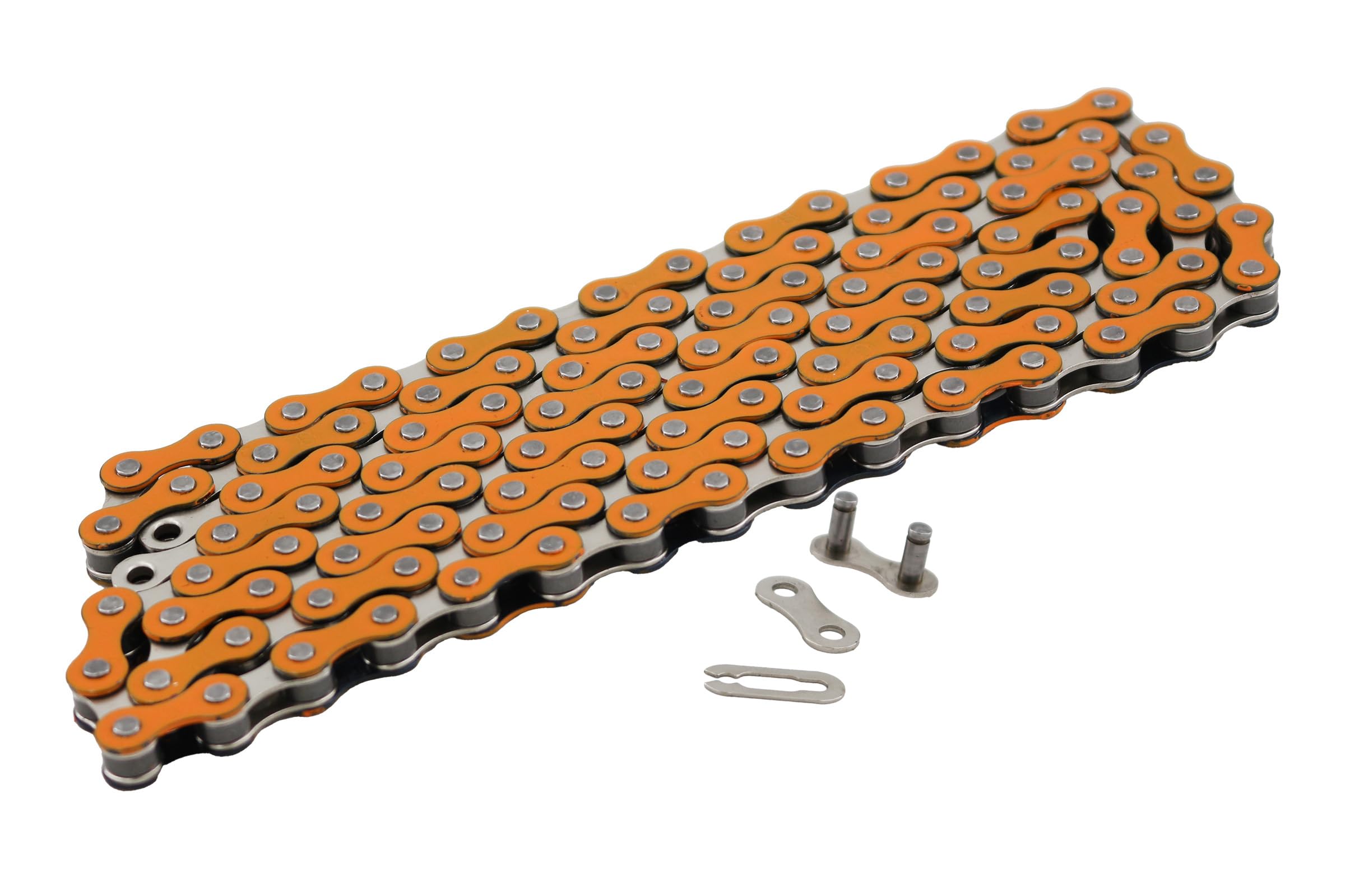 Cadena de bicicleta, 116 eslabones, 1/2 x 1/8 pulgadas, acero de una sola velocidad con hebilla mágica, para bicicletas de engranaje fijo, bicicletas de desplazamiento, MTB (naranja)