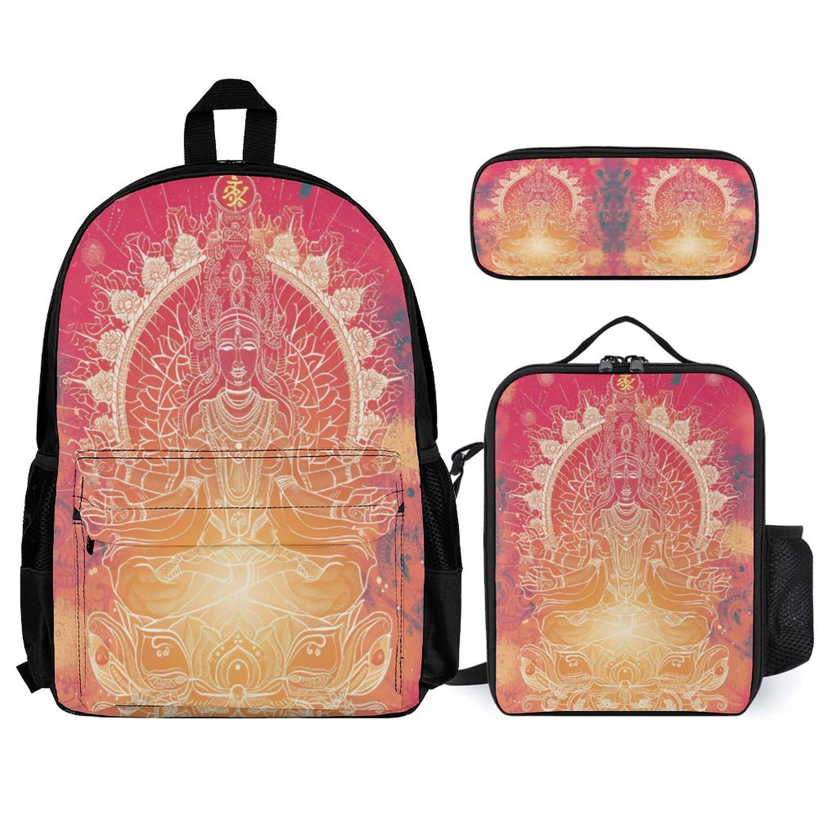 Ensemble de Sac à Dos Bouddha Fille Primaire 3 Pièce, Cartable Enfant Bouddhisme Scolaire avec Sacs à Déjeuner et Trousse Crayon, Sac Ecole Fille pour CP CE CM 8-13 ans