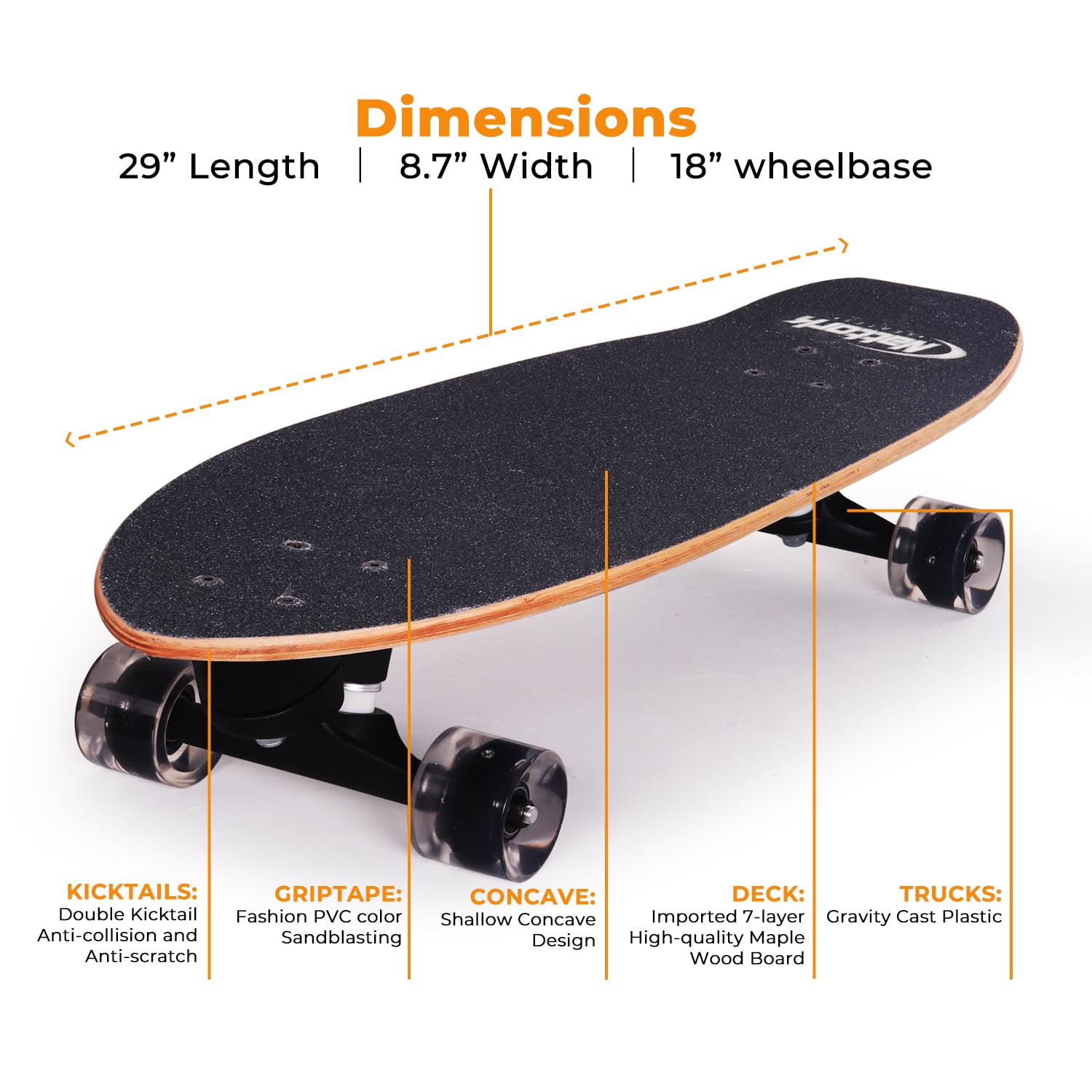 Nattork Complete Skateboards 29" x 8" Kids Skateboard Cruiser Skateboards for Beginners Double Kick Girls Skateboard with Maple Wood (Black Hole)