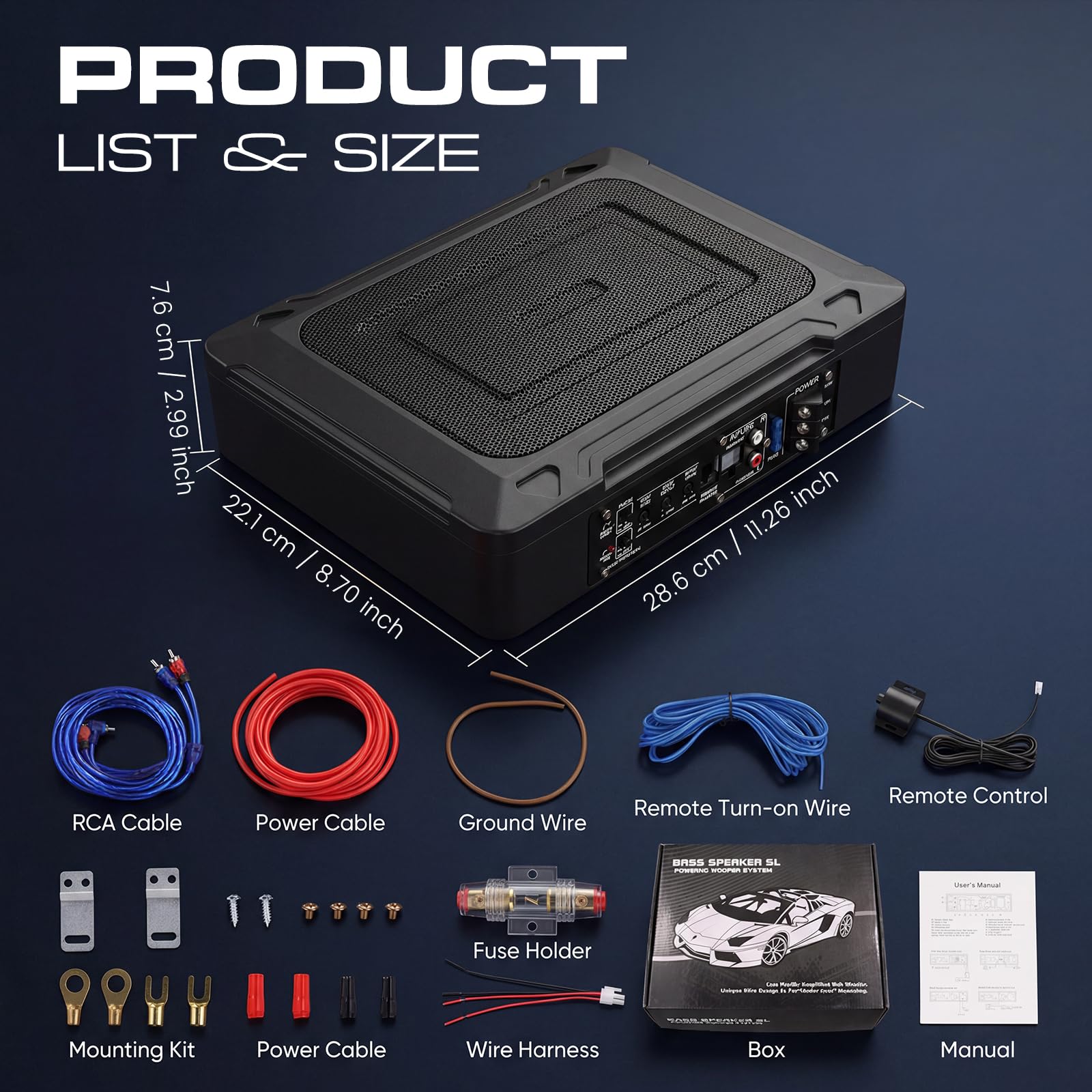 Hodozzy Subwoofer Activo Coche Ultradelgado, Subwoofer Autoamplificado Coche de 8 x 12 Pulgadas 1000W, 12V Subwoofer para Debajo del Asiento para Automóvil, Altavoz Compacto para Co-che Amplificador