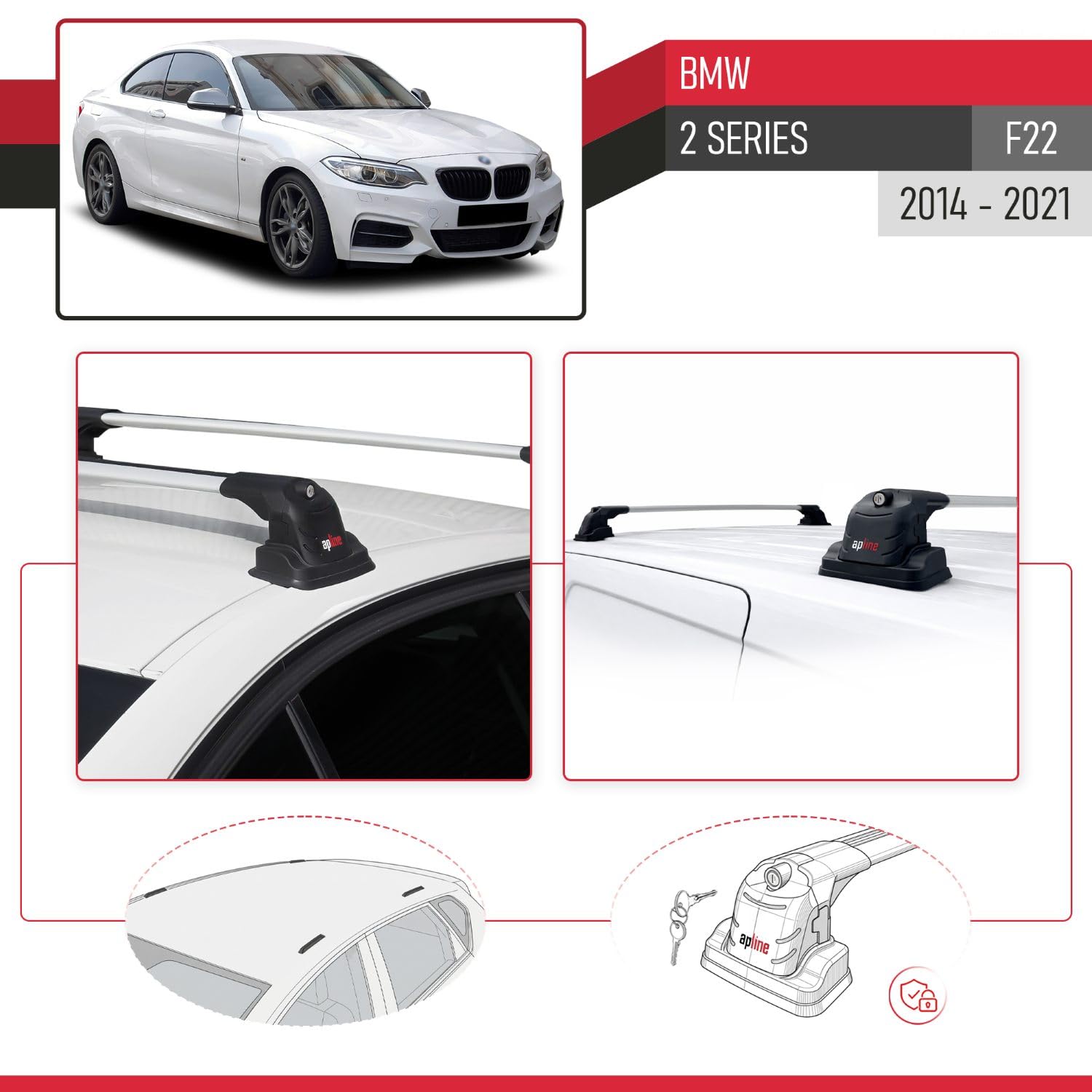 Kompatybilny z Compatible with BMW 2 Series (F22) 2014-2019 ACE-3 Model Aluminiowy bagażnik dachowy 2 poprzeczki, szary