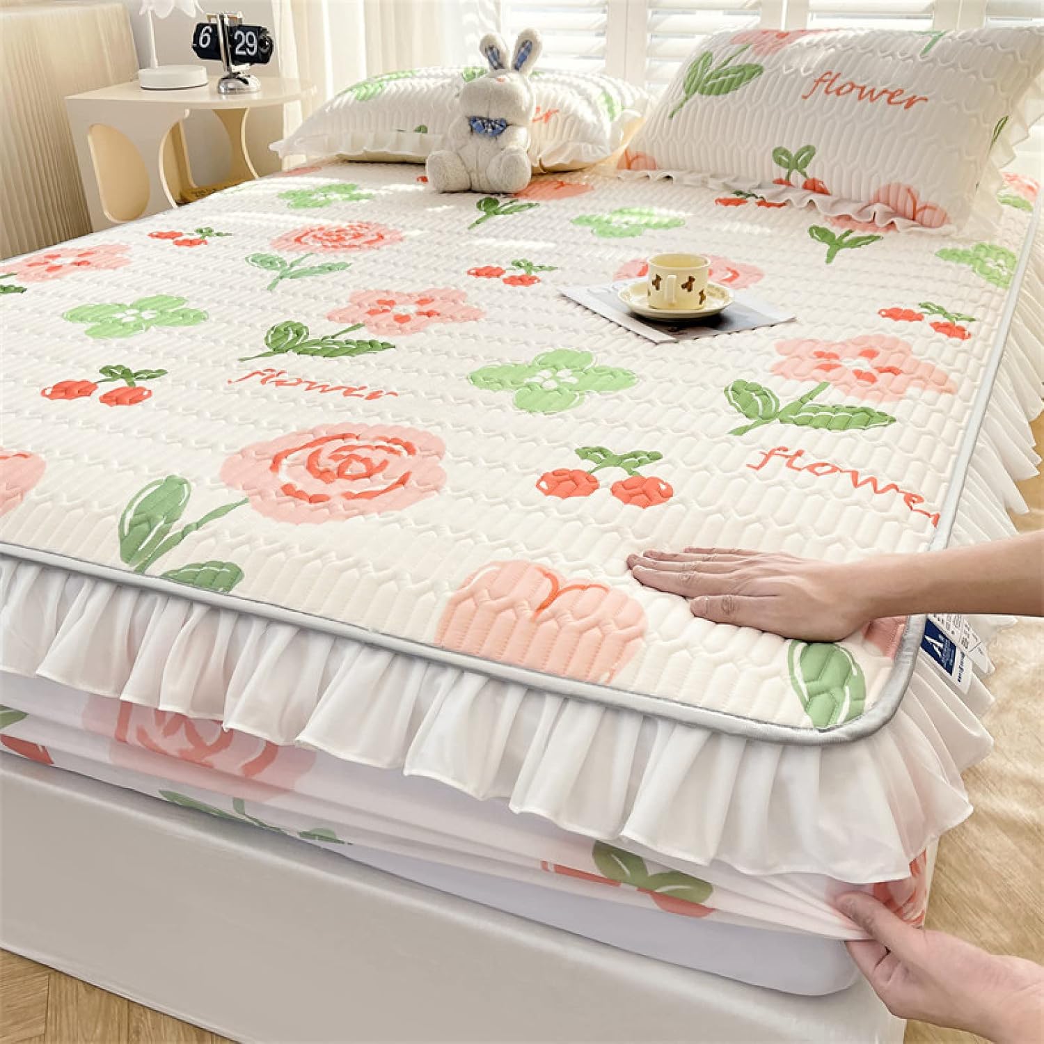 FCLDESHOP Mattress Encasement,Summer Thickened Latex Cool Silk Sheet Bed Cover, Comfortable Cartoon Print Deep Pocket Mattress Topper,Love,150cmx200cm (59 X 79inch)