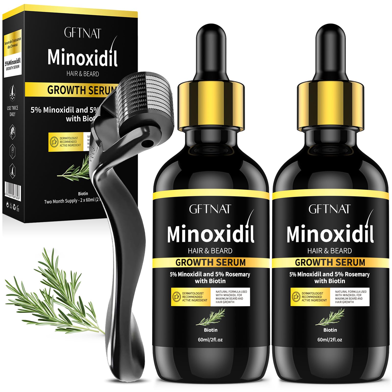 5% Minoxidil for Women Hair Growth Serum with Biotin & Rosemary - Extra Strength 5% Minoxidil for Men Thinning Hair Regrowth Treatment and Beard Growth Kit 2.0 Fl Oz (Pack of 2) 2 Fl Oz (Pack of 2)