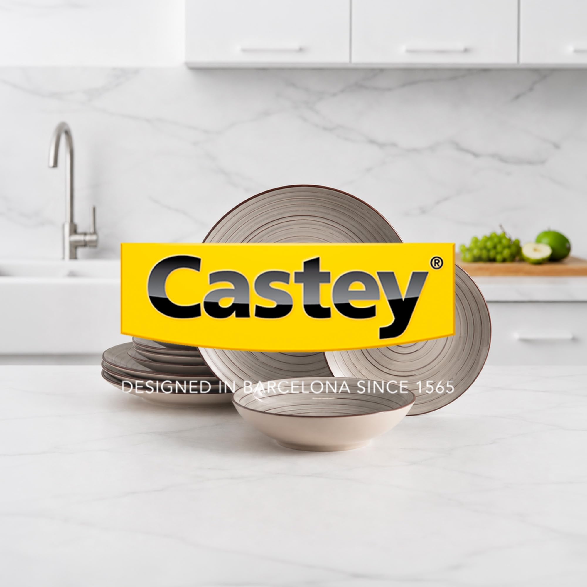 CASTEY - Vajilla Maia Terra de 12 Piezas para 4 Personas, Loza Cerámica Resistente, Incluye 4 Platos Llanos, 4 Platos Hondos y 4 Platos de Postre, Apta para Microondas y Lavavajillas, Fácil Limpieza