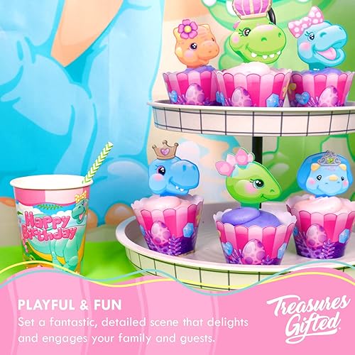 Miniatura 5 de Treasures Gifted 24 adornos para magdalenas y envoltorios de cupcakes de dinosaurio para niñas, decoraciones para pasteles de dinosaurios,