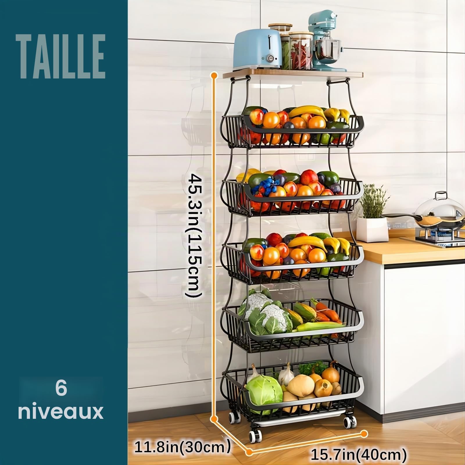 Paniers en fil métallique avec roulettes, organiseur de rangement empilable pour cuisine, salle de bain, bureau, chariot fruits et légumes, étagère vaisselle bois