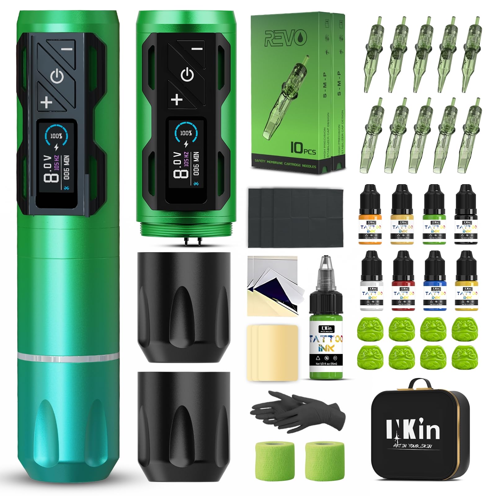 INKin Kit Tatuaggi, Macchina Tatuaggi Kit Completo con 4.0 Stroke Length Macchinetta Tatuaggi Wireless e Revo Aghi Tattoo Misti, 9 Pezzi Tattoo Ink, Ottimo Kit per Principianti e Regali per Tatuatore