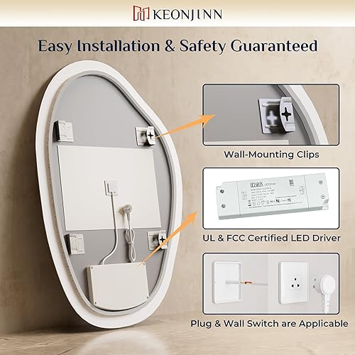 Miniatura 9 de Keonjinn Espejo retroiluminado irregular de 24 x 30 pulgadas, espejo de baño LED asimétrico con vidrio templado HD, controlador LED con