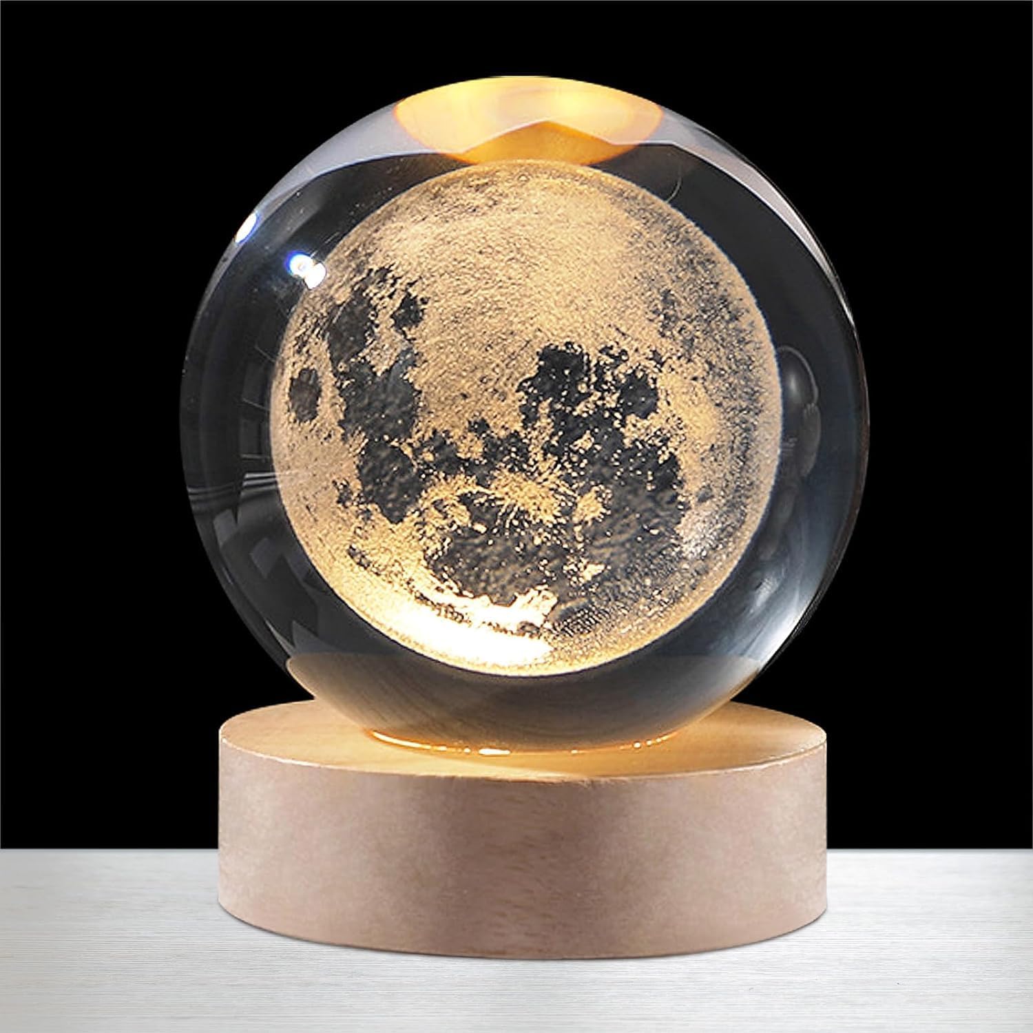 qbpatzwq 3D Galaxy Crystal Ball Night Light | Dimmable Engraved LED Glass Ball Table Lamp with USB and Wooden Base for Home Decor, Office, Birthday Gift & Kids Bedroom (Moon)-image-30