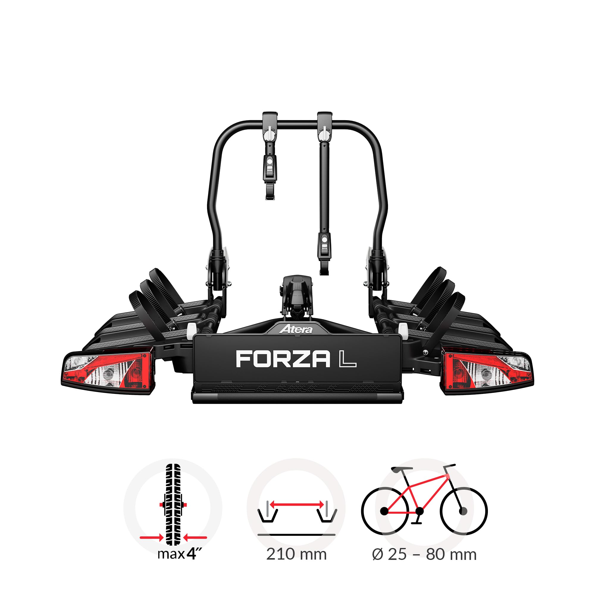 Atera Fahrradheckträger Forza L, für 3 Fahrräder, Schwarz | Auto-Kupplungsträger mit Rückleuchten, faltbar, für 3 Fahrräder oder schwere E-Bikes, Art. Nr. 022801