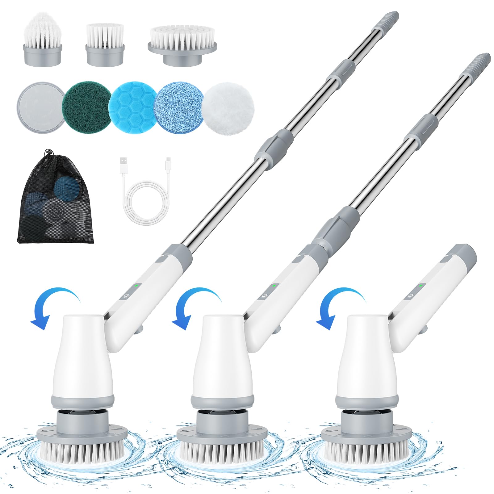 YadeaElectric Spin Scrubber, Cordless Cleaning Brush with 3 Adjustable Head Angle, Extension Handle and 8 Replaceable Brush Heads, 2 Adjustable Speeds, Power Cleaning Brush for Bathroom Floor Tile