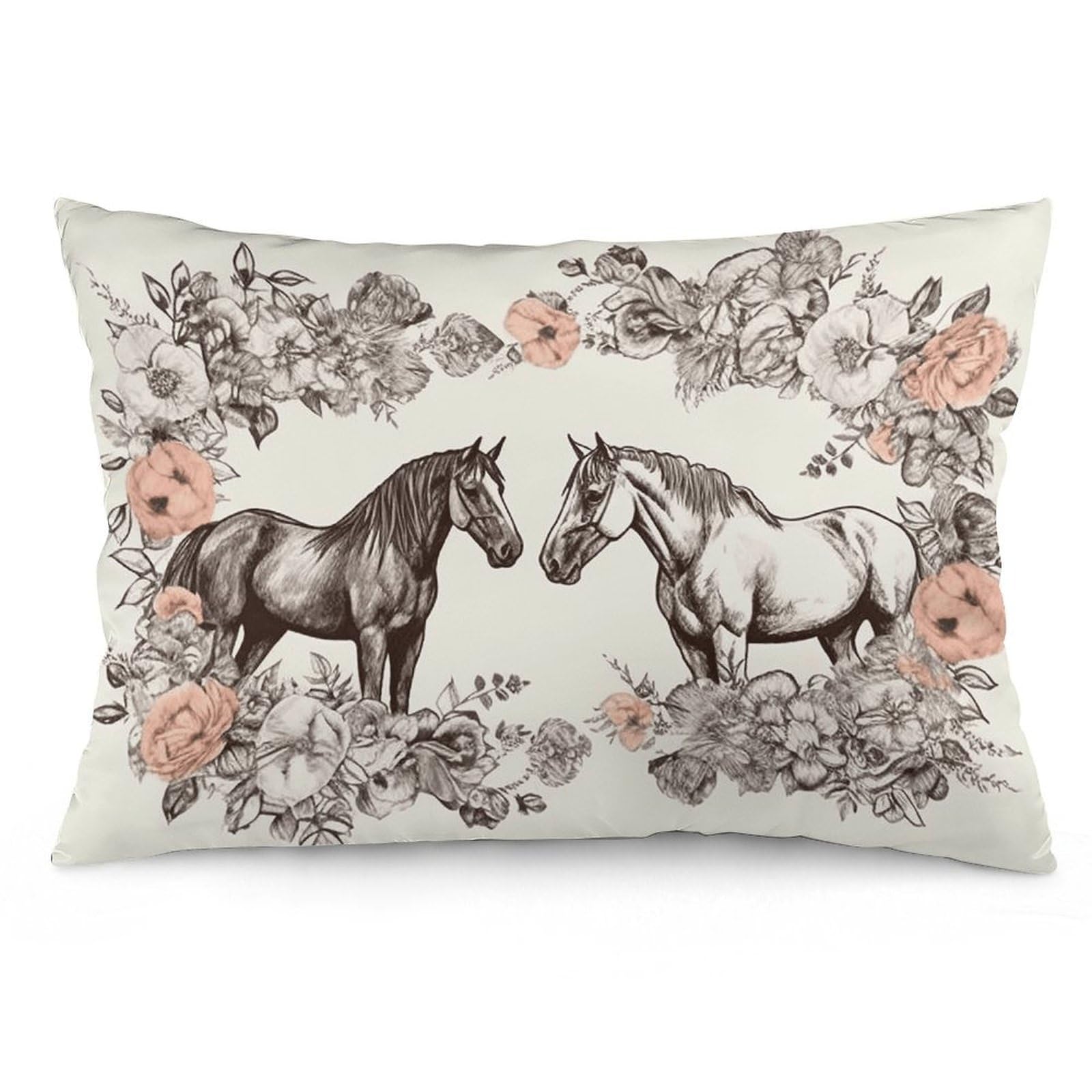2 Pack Pillow Cases for Hair and Skin, Soft Breathable Pillow Case Covers with Hidden Zipper, Flowers and Horses Hand Drawn Pillowcase 16 "x24 Pillow Covers for Sleeping Gift