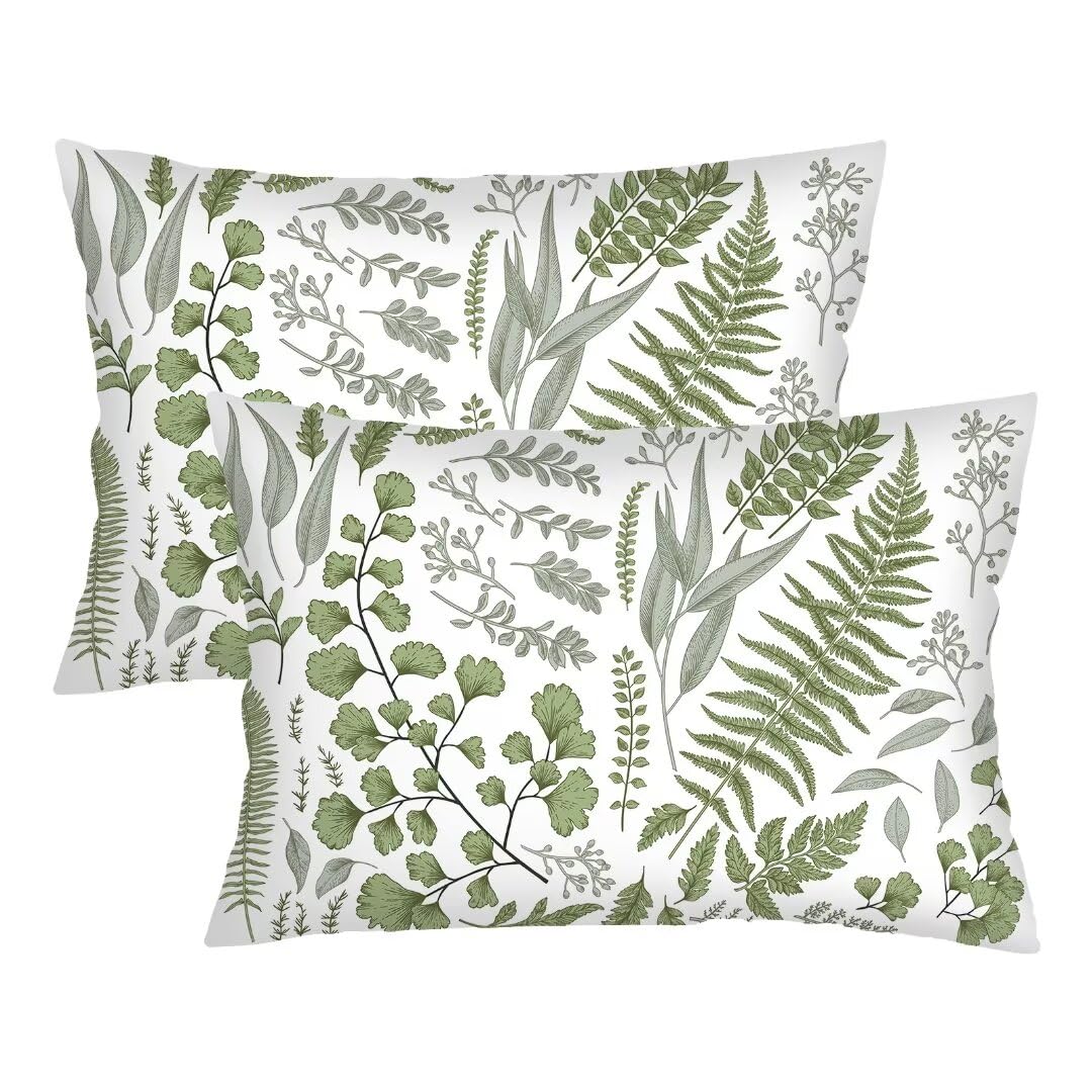 Green Throw Pillow Cover Queen Size Set of 2,Sage Green Leaf Plant Lumbar Pillow Case Leaves Print Pillowcase Soft Standard Pillow Cases with Zipper