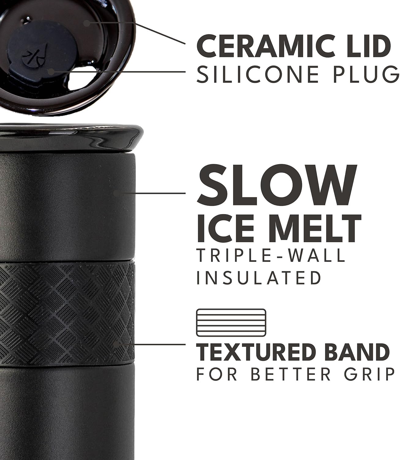 Elemental Artisan Inner Ceramic Coating Tumbler, Triple Wall Coffee Travel Mug, Reusable Stainless Steel Coffee Tumbler with Ceramic Lid for Hot (6 Hrs) & Cold (18 Hrs), 16oz - Black