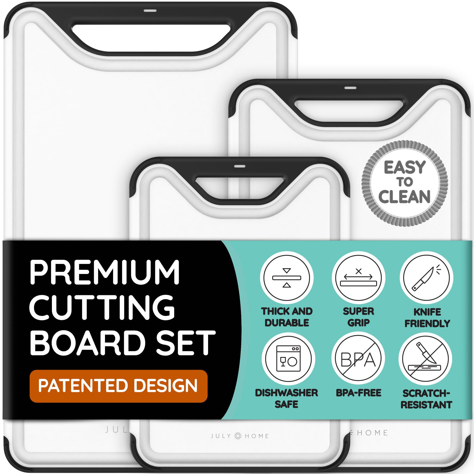 Premium Thick Cutting Boards for Kitchen, Plastic Cutting Board Set of 3, Dishwasher Safe Cutting Boards w/Juice Grooves for Meat, Veggies, Easy Grip Handle, Easy Grip Handle