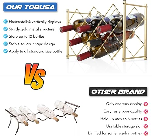 Miniatura 5 de TOBUSA Estante de vino dorado para encimera, moderno estante de vino independiente, soporte para 10 botellas de vino de diseño simple, estante de