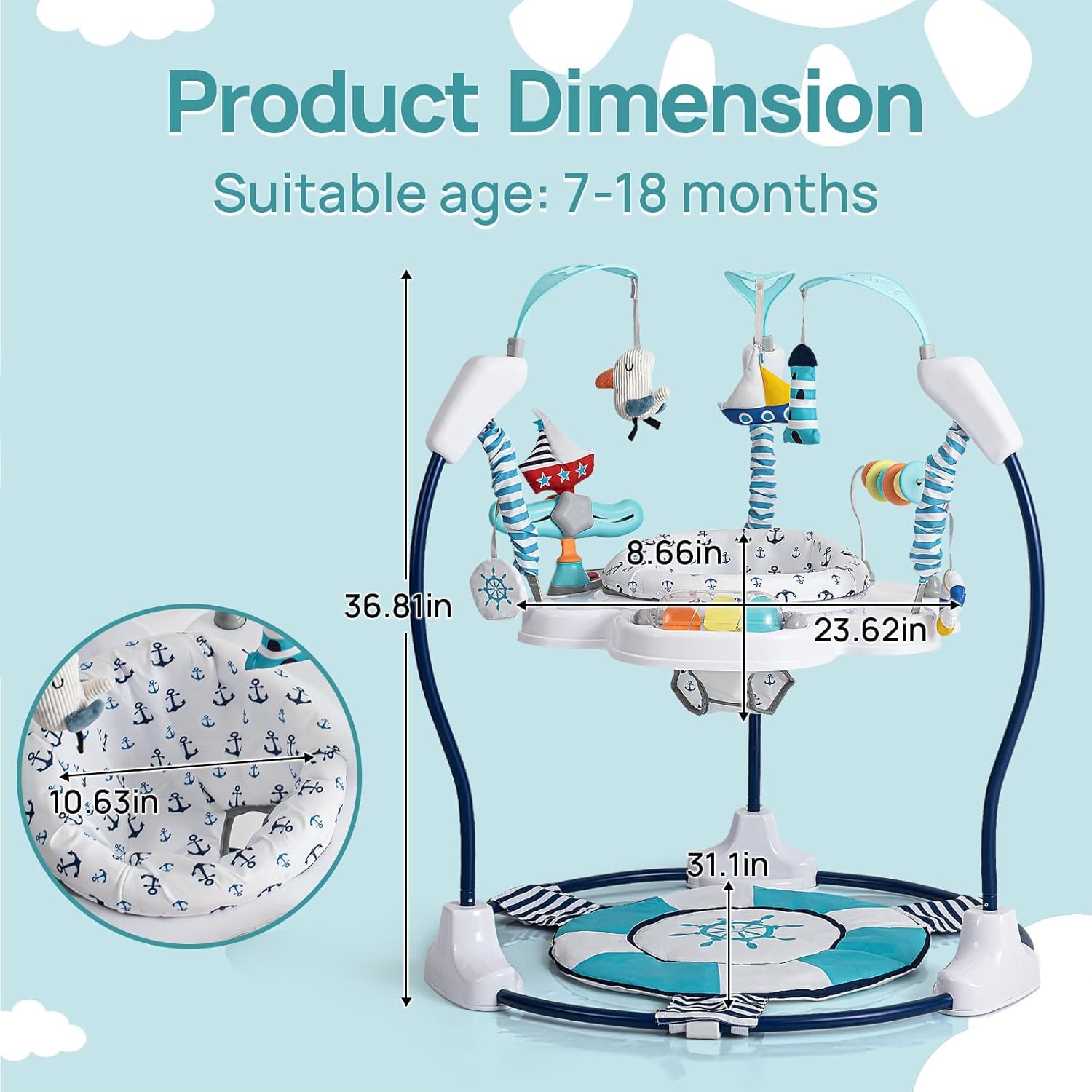 LADIDA Stationäres Aktivitätszentrum für Babys, Babywippe, springend, 360 °, mit Musikspielzeug und verstellbaren Höhen (Marineblau)