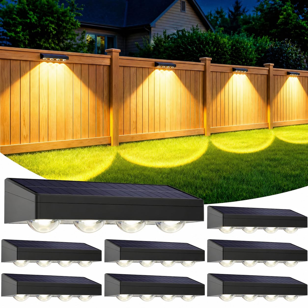 TYHBRV Solar Fence Lights Outdoor Waterproof, 3-Color Lighting Modes LED Solar Powered Deck Lights, Outdoor Step Lights for Railing, Patio, Wall, Backyard(8 Pack)